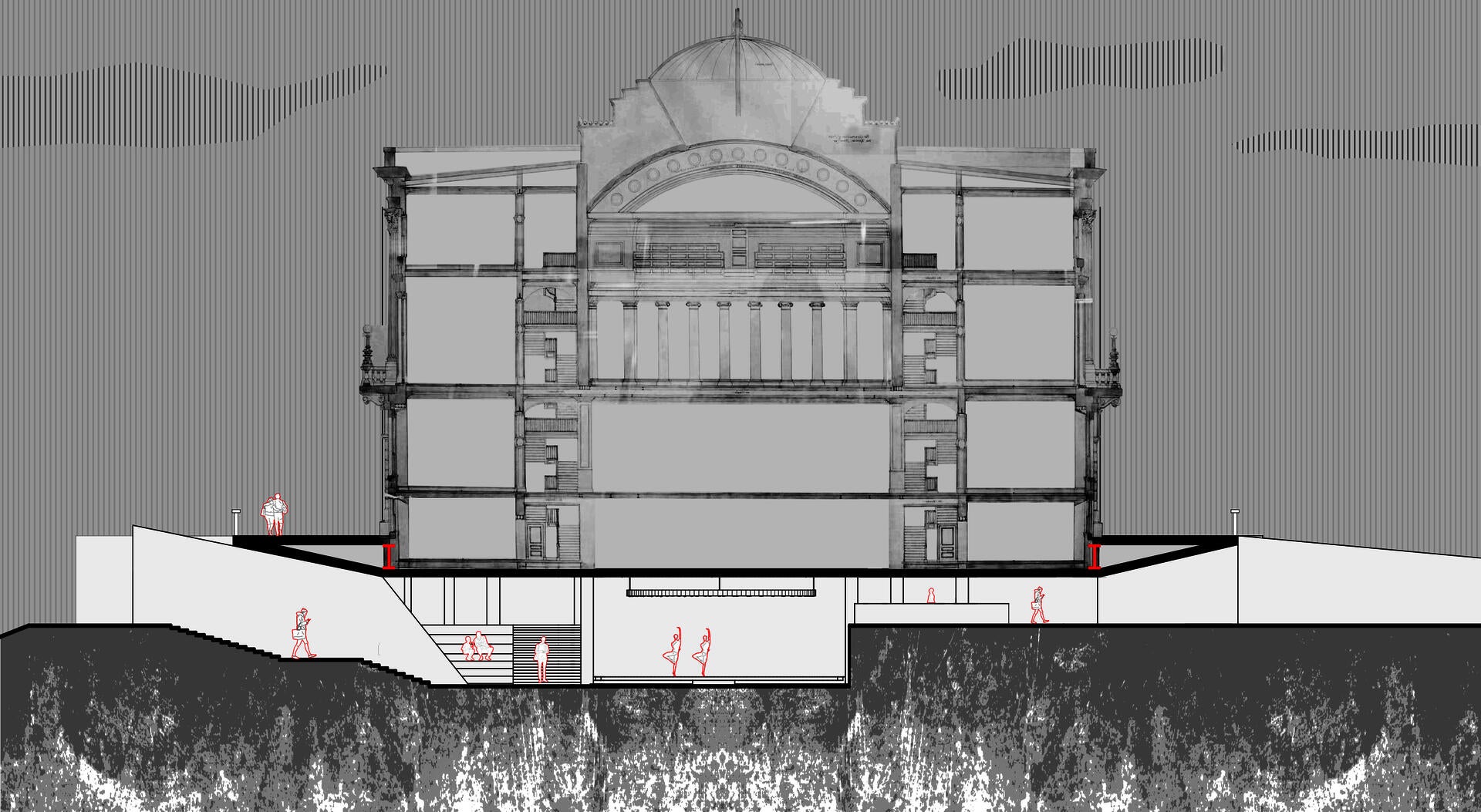 The building is supported by an inserted steel slab and loads are carried at the periphery.