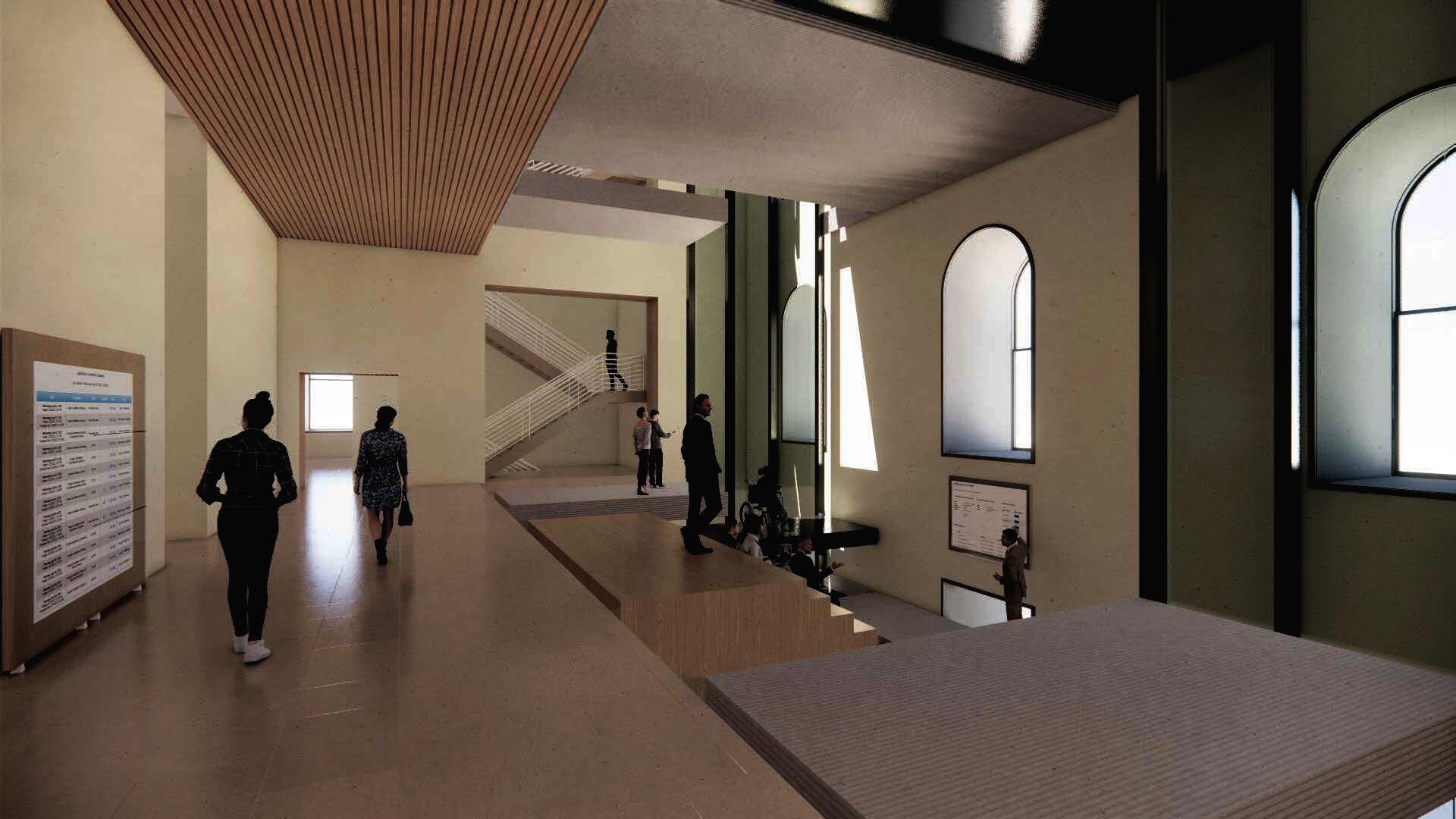 An interior rendering showing a typical condition of the activist atrium space with glass elevators, bleacher stairs, and raising platforms.