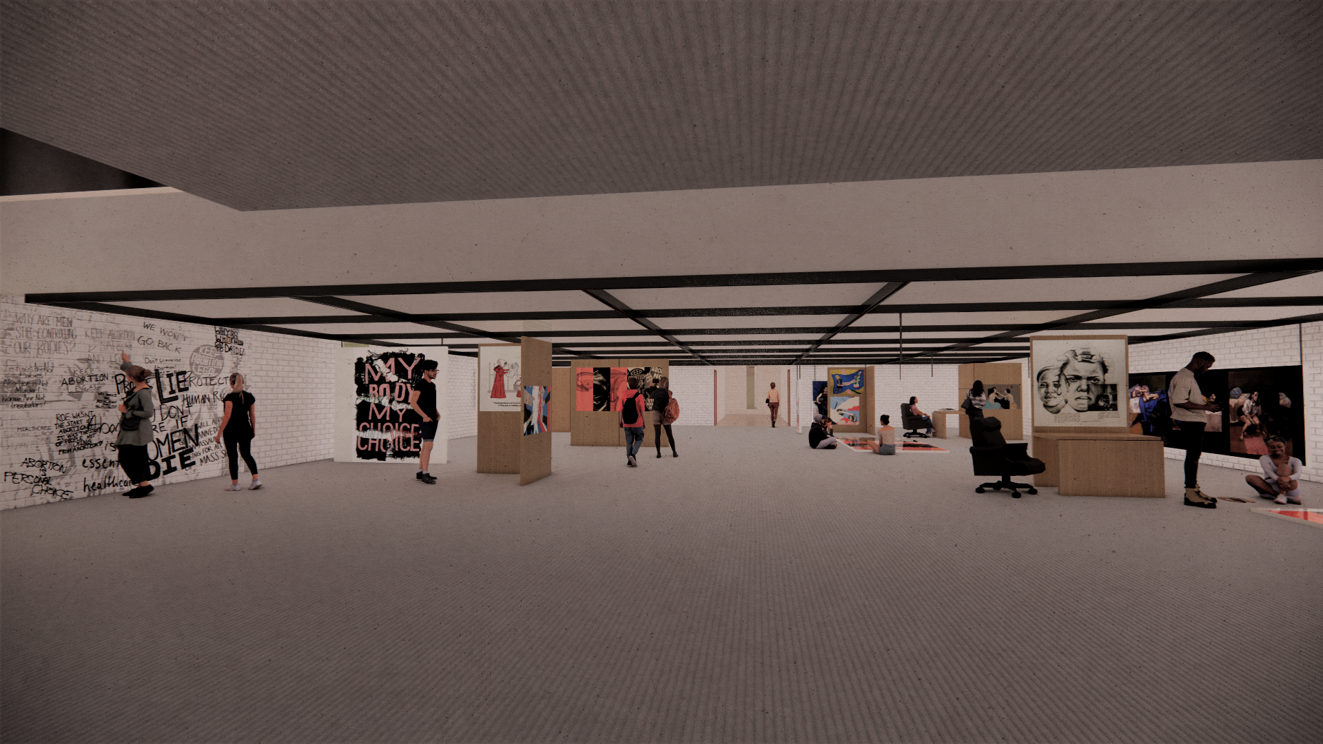 An interior rendering showing an activist art exhibition space where there is a ceiling track system and movable wall panels, so that artists can create art and display art in this space however they want.