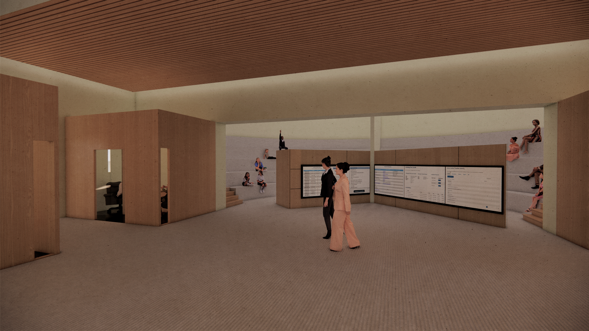 An interior rendering that shows the education space where there are individual mock meeting rooms and two large seminar rooms with bleacher seating.