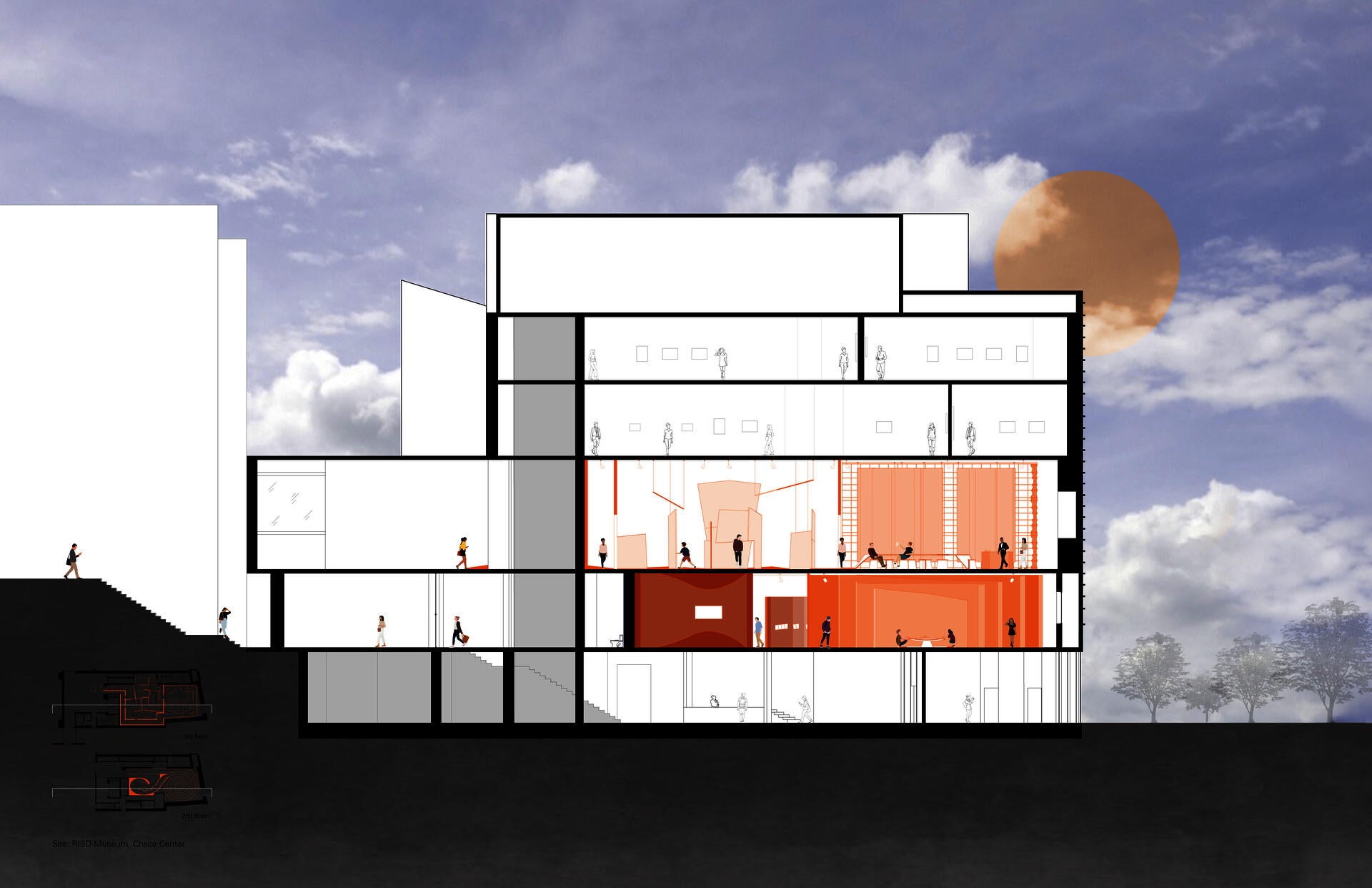 Proposed section and floor plans for the RISD Museum, Chace Center
