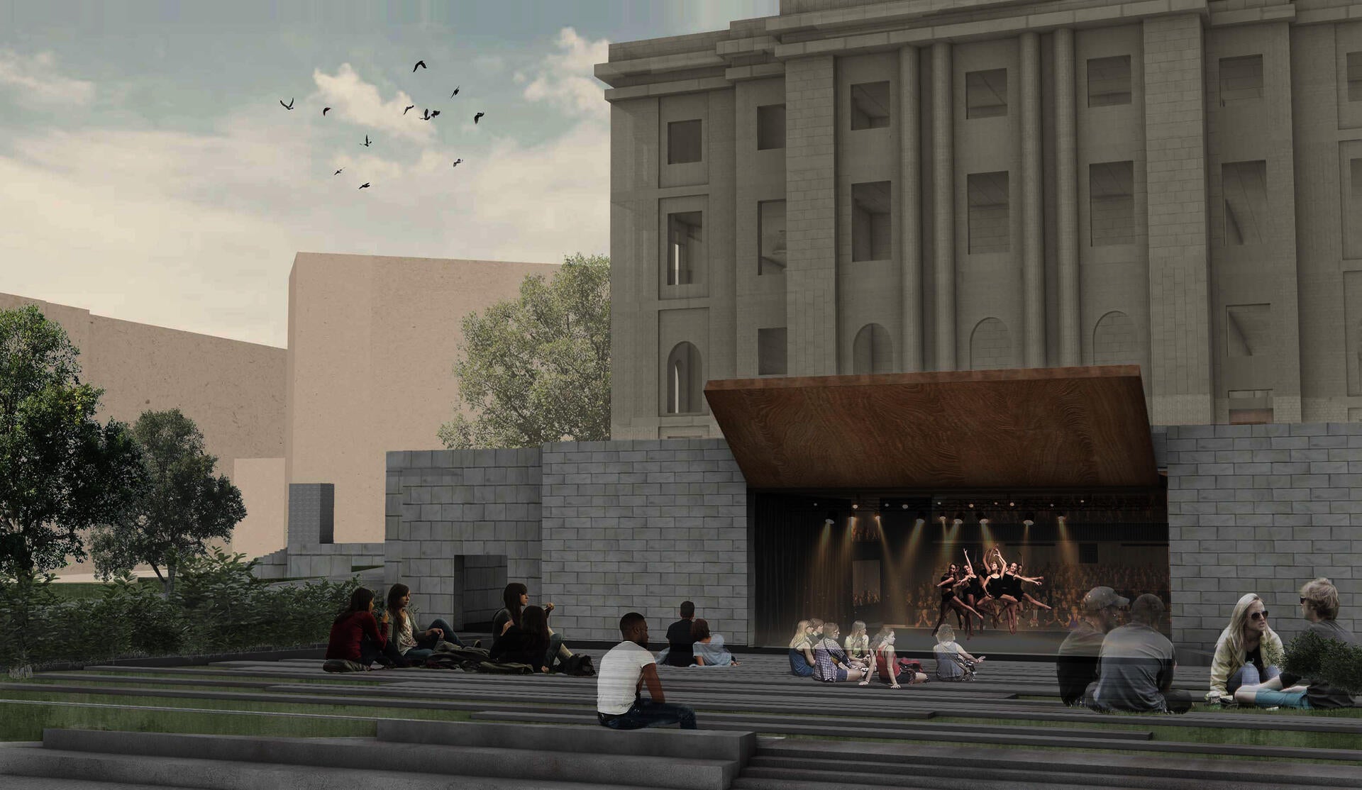 Exterior render showing how the theater is open to the exterior, allowing to enjoy performances during months of good weather and connecting the building to the exterior.