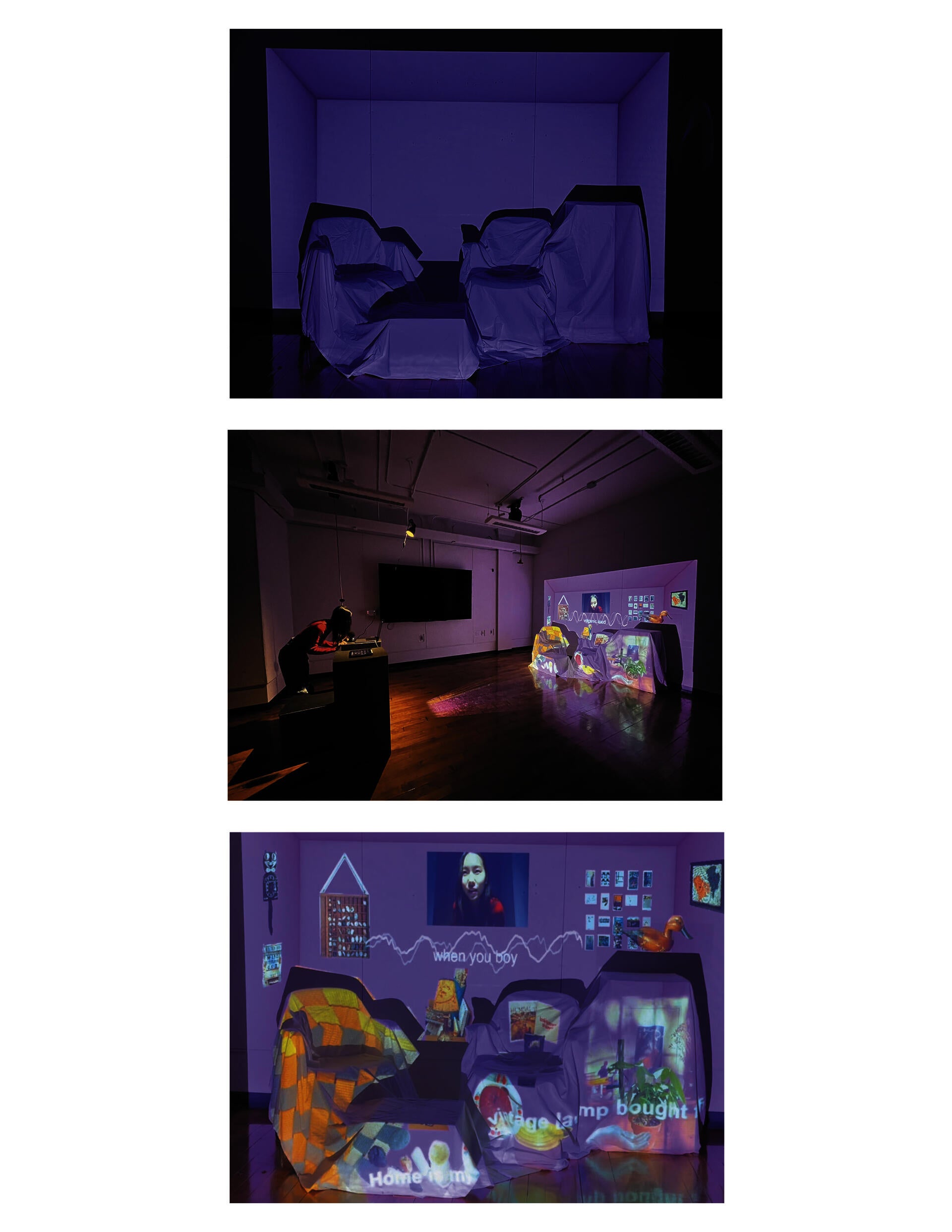 A woman interacting with installation by speaking into the microphone and objects being projected onto the domestic environment
