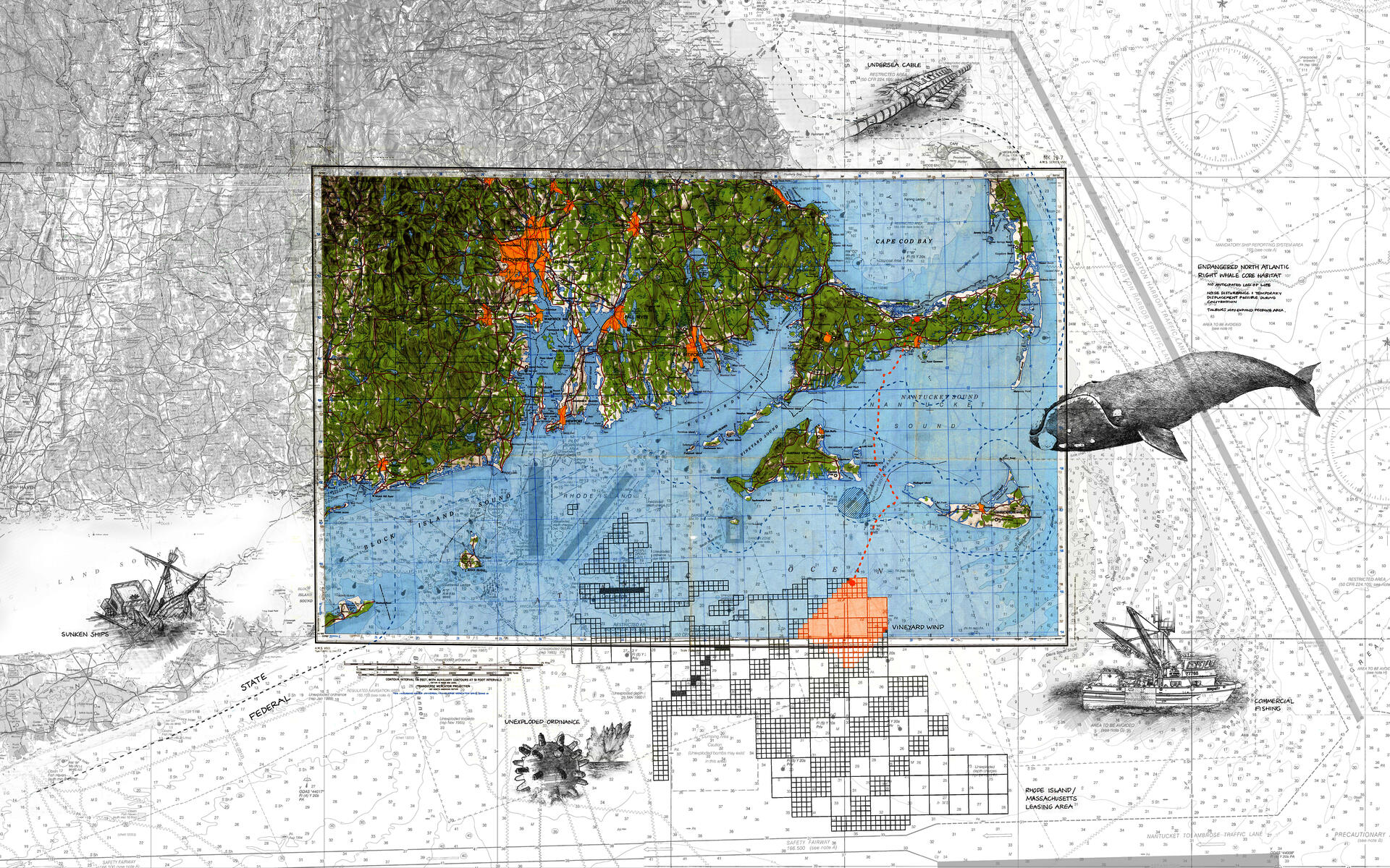Collaged geophysical and nautical maps are overlaid with sketches of urbanized sea operations like unexploded bombs, sunken ships, and sea highways