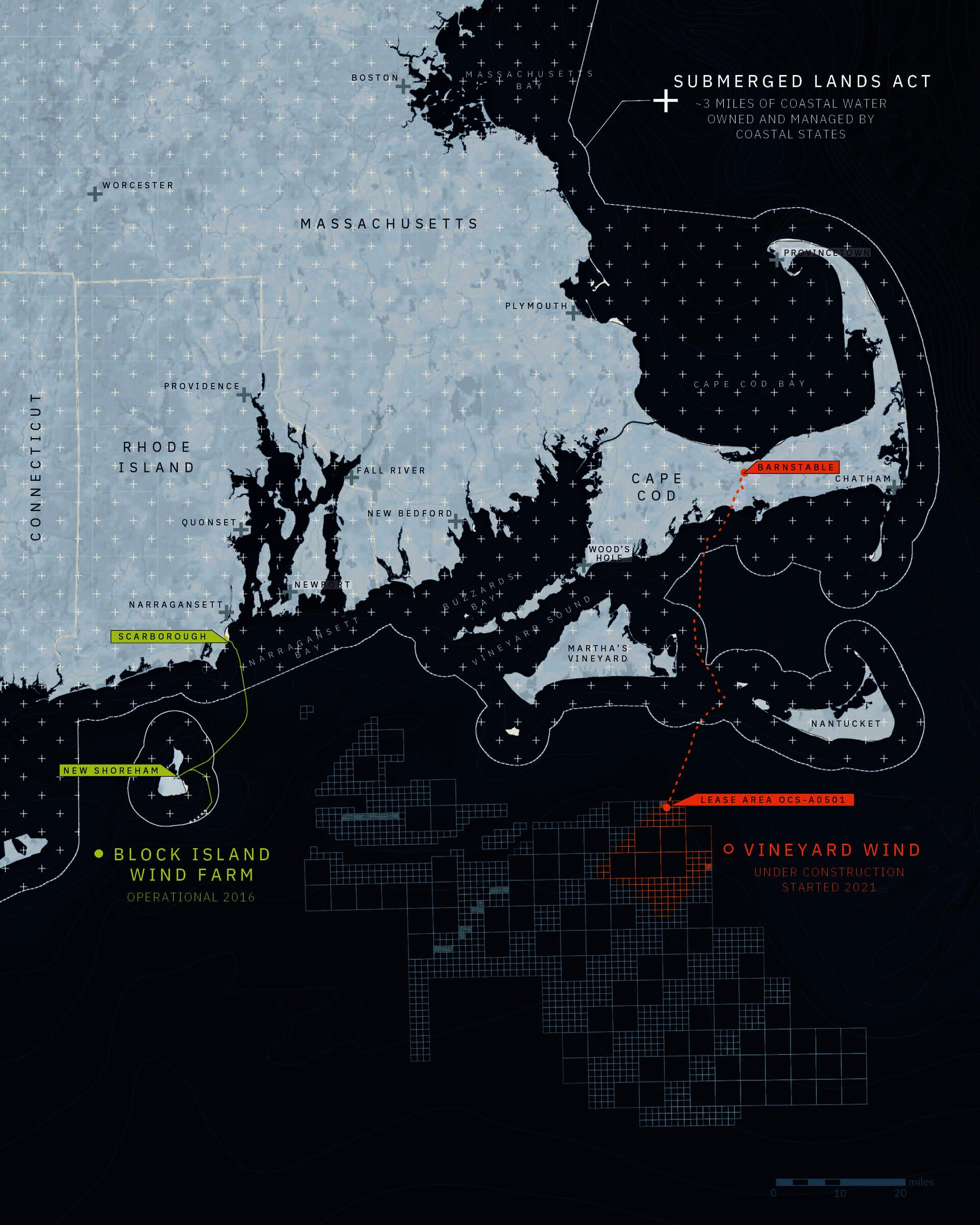 Map of coastal Southern New England shows gridded territory of Rhode Island and Massachusetts Leasing Area, including the operational Block Island turbines and Vineyard Wind project currently under construction near Barnstable