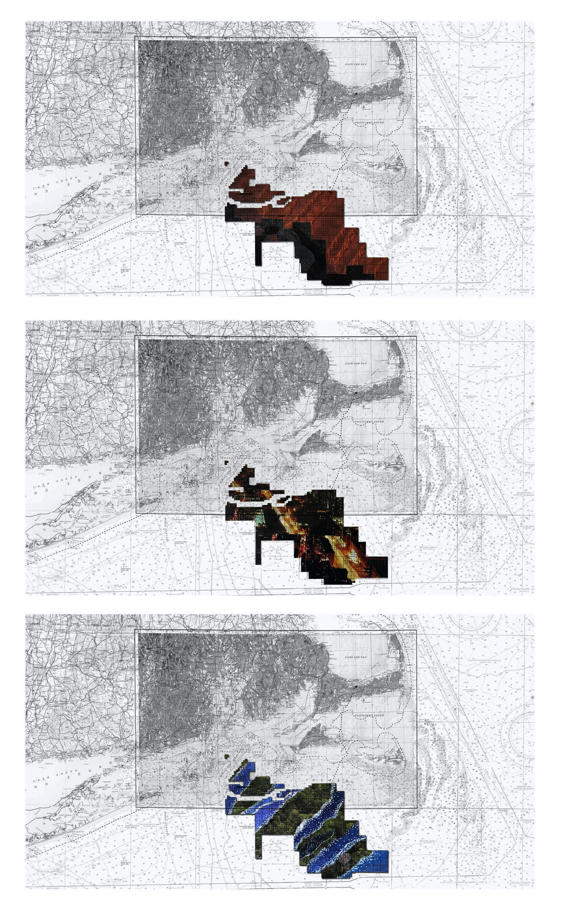 Three collages show the Rhode Island Massachusetts Leasing Area overlaid with speculative collages that imagine it as a developed territory, including a seawall, constructed island, and offshore port