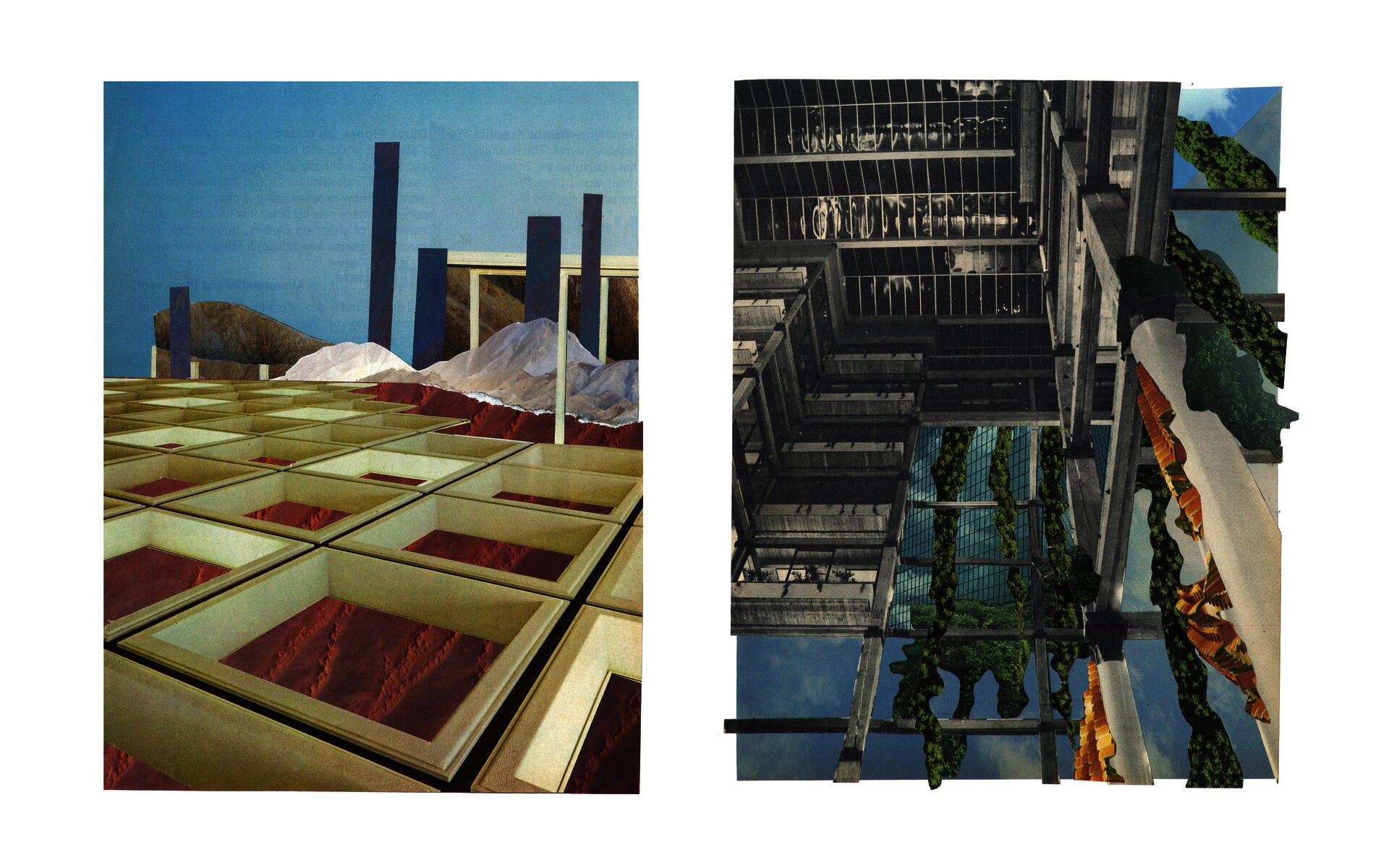 Two portrait oriented collages depict a gridded seafloor and a sea skyscraper frame supporting kelp growth