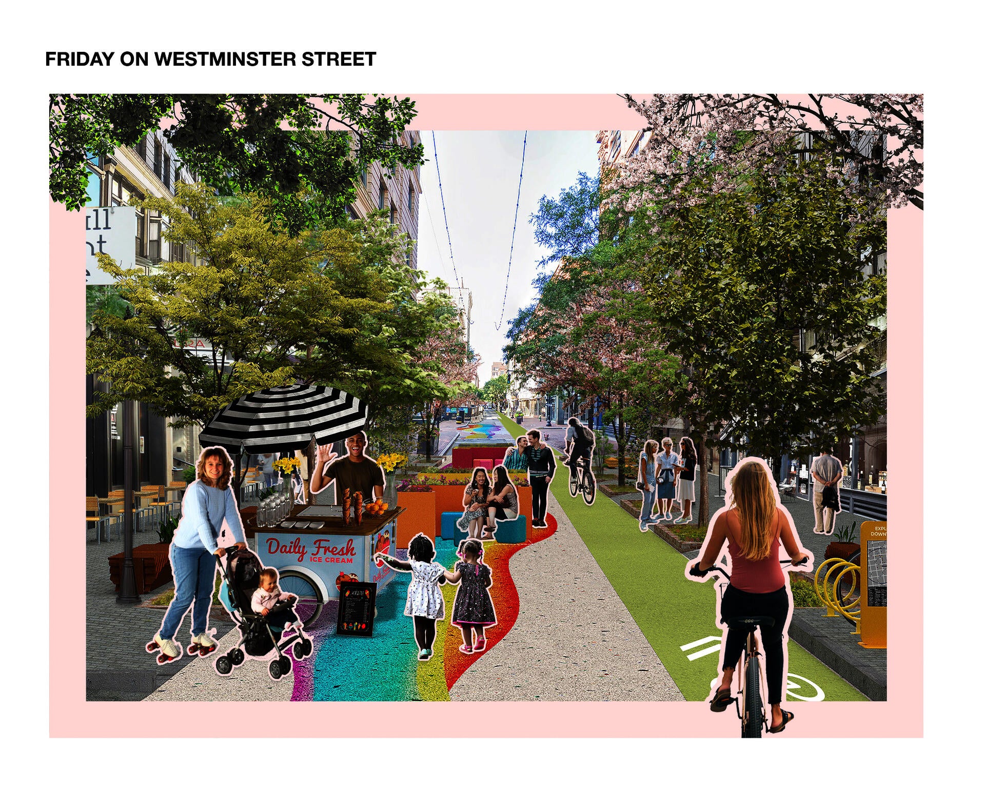 Pop-up food stalls on a pedestrian-only street with ample flexible seating opportunities.