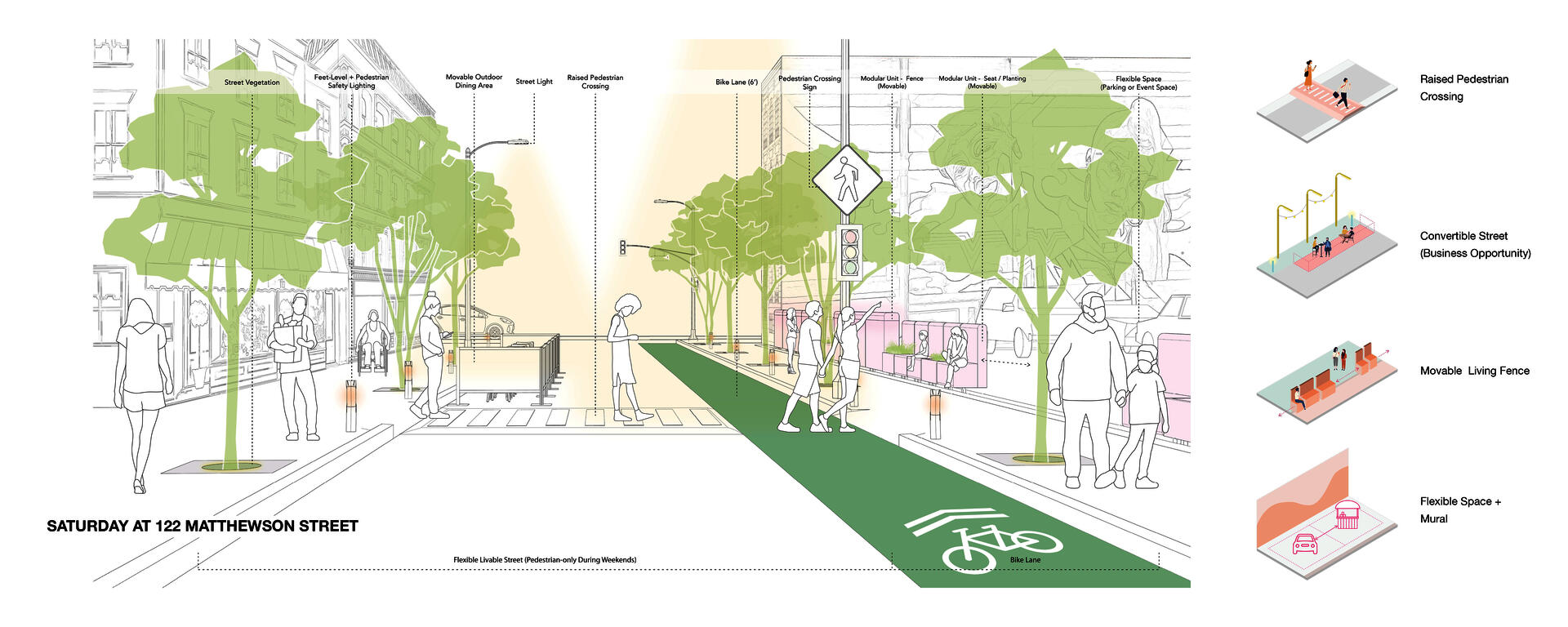 A One-way Pedestrian-focus Street with Flexible Open Space for Various Events