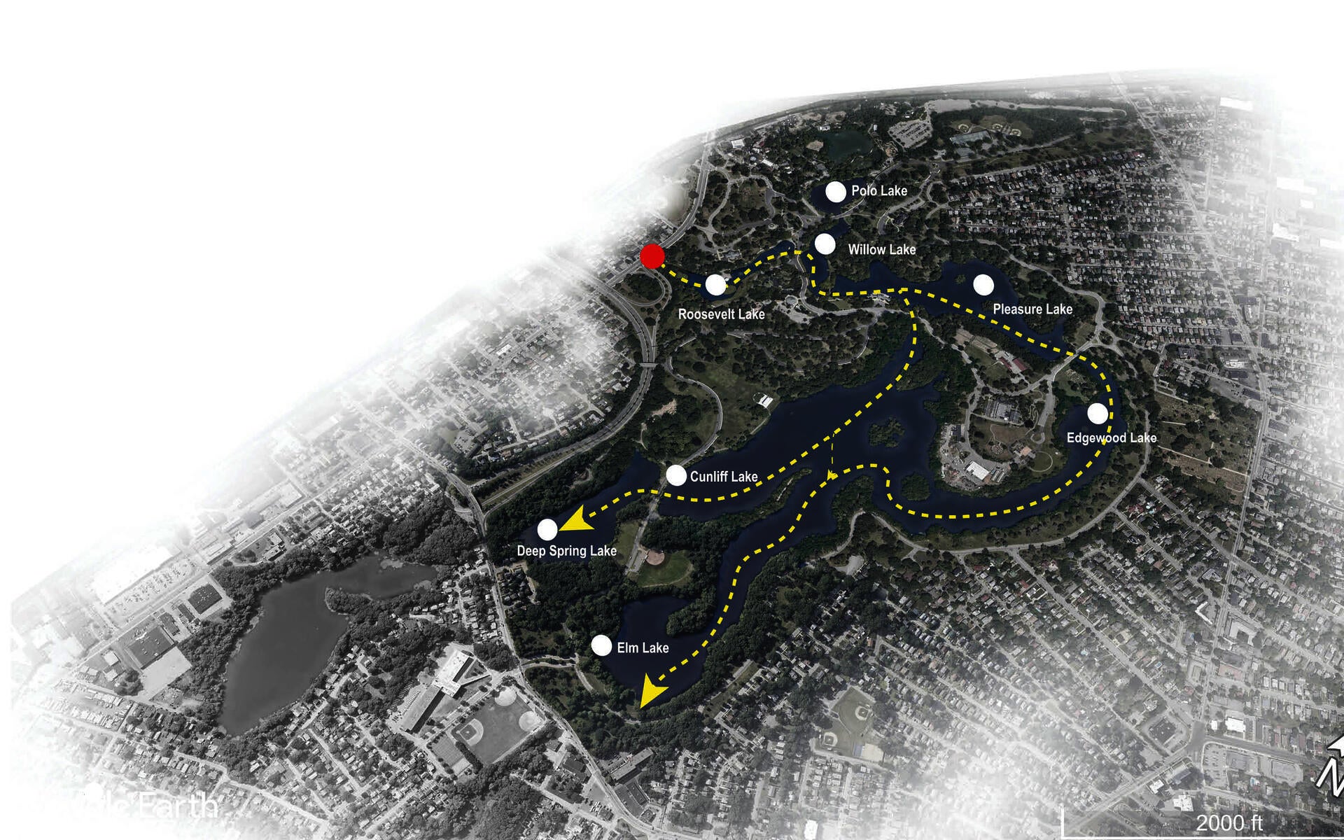 Roosevelt lake is the water inlet of Roger Williams park, and sewage flows from this lake to other lakes.