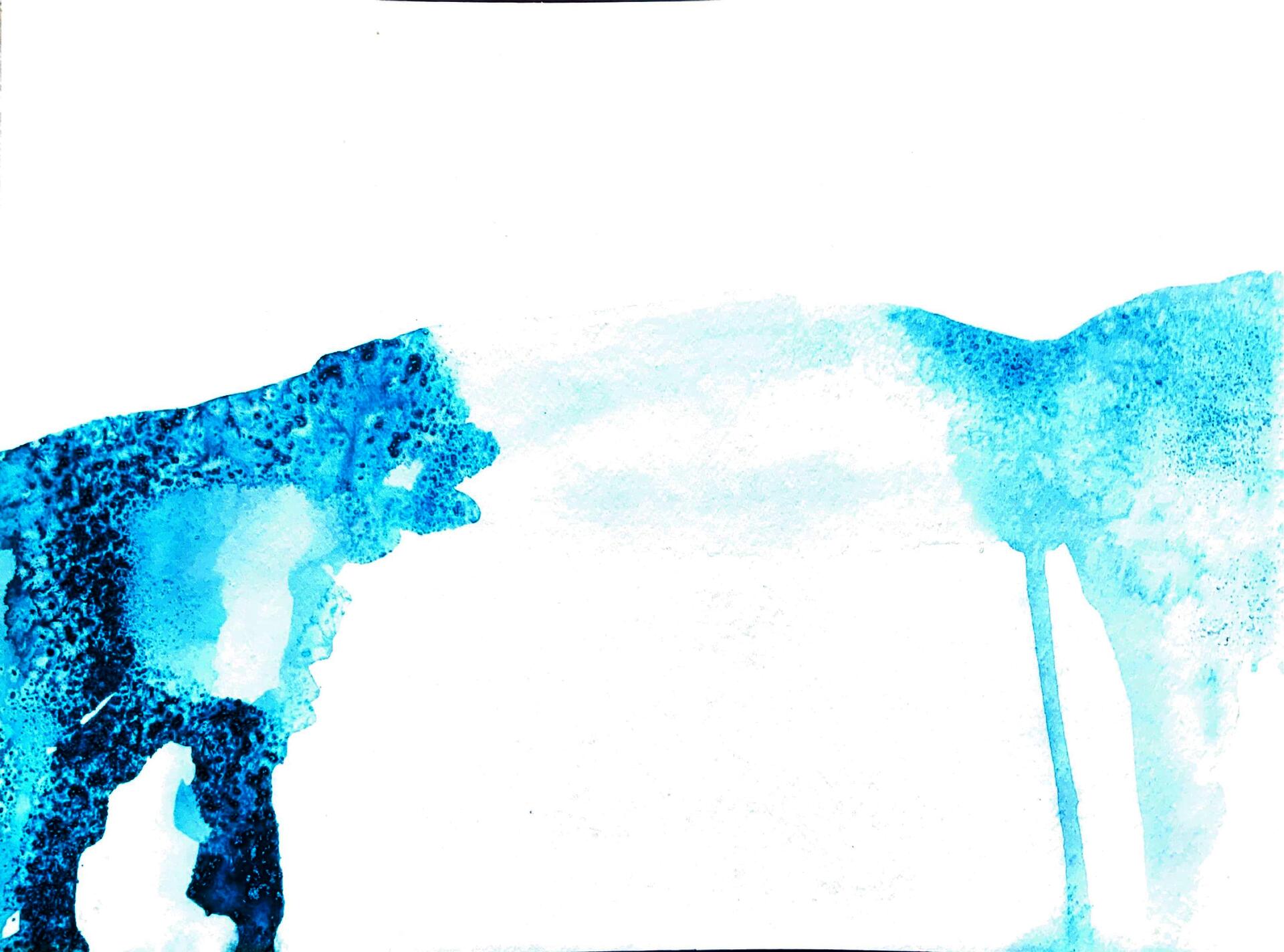 A splash of bright blue and turquoise watercolor across a mostly white sheet of paper. The colors drip off the page. Salt gives the color a starry night texture.