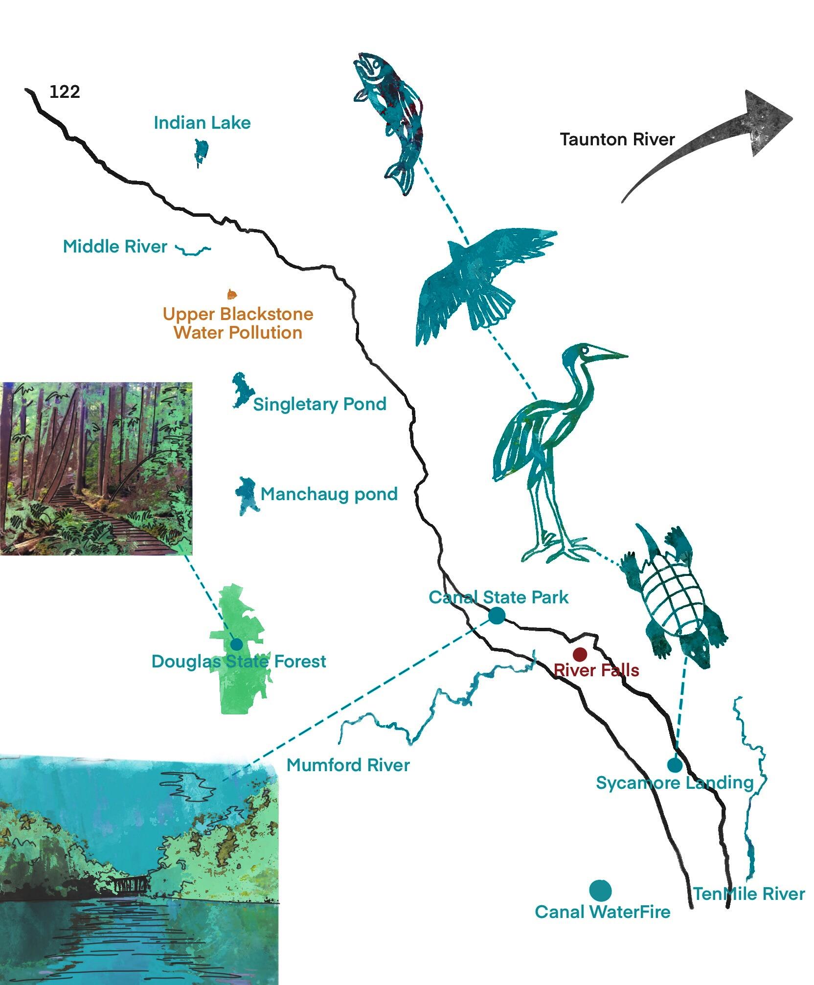 A map of the Blackstone River watershed showing a turtle, a Great Blue Heron, a Hawk, a fish, roads, parks, and other places of import.