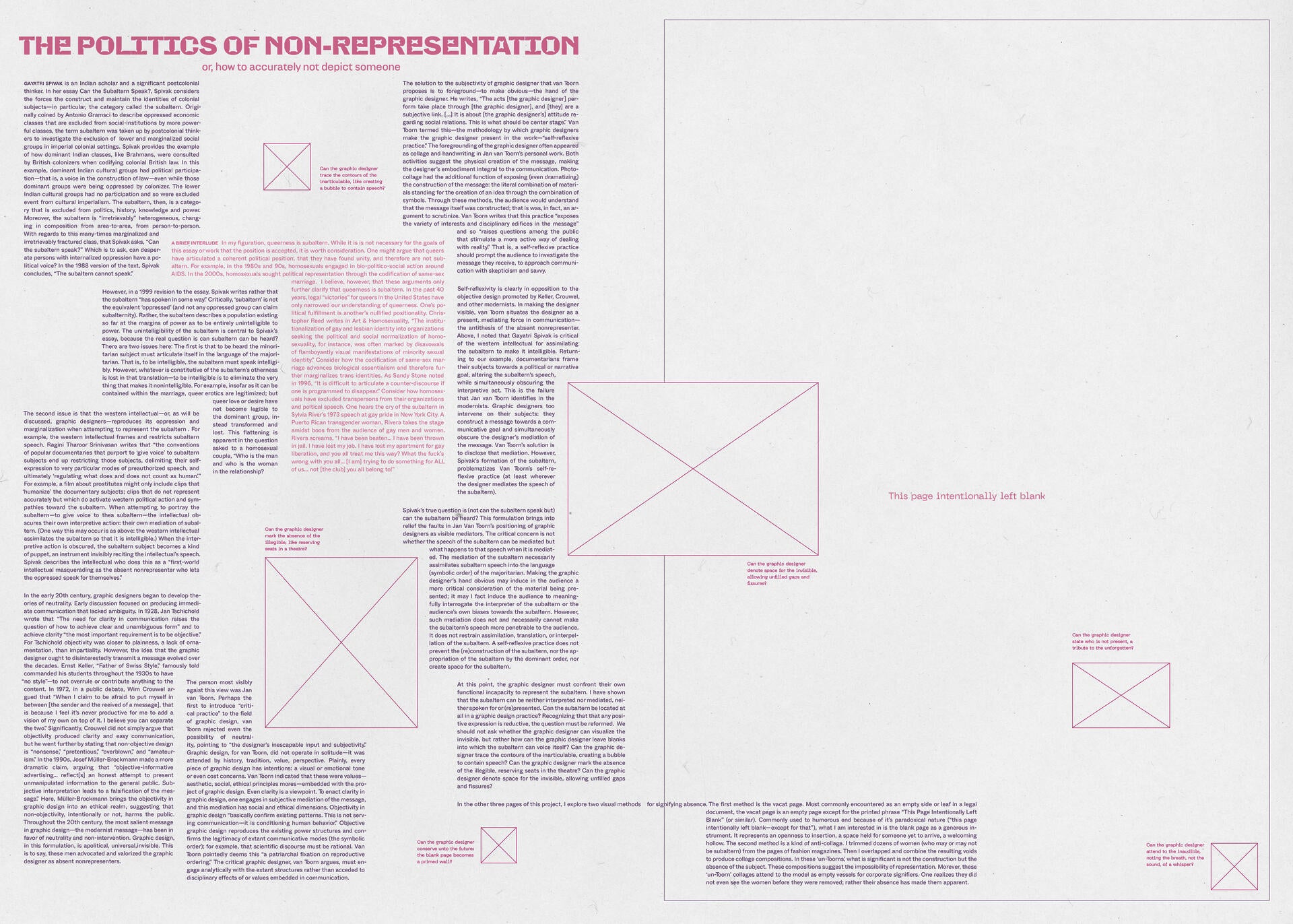 Left, an essay in pink text, set in scattered boxes. Right: A page left intentionally blank.