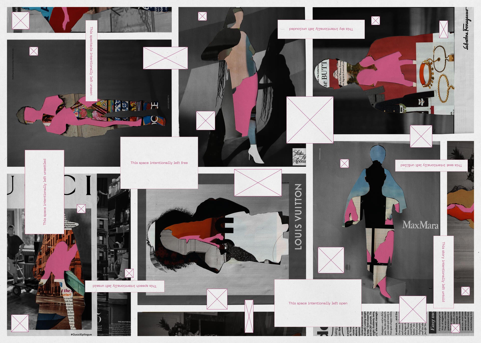 A visual collage with cutout figures and scattered text boxes.