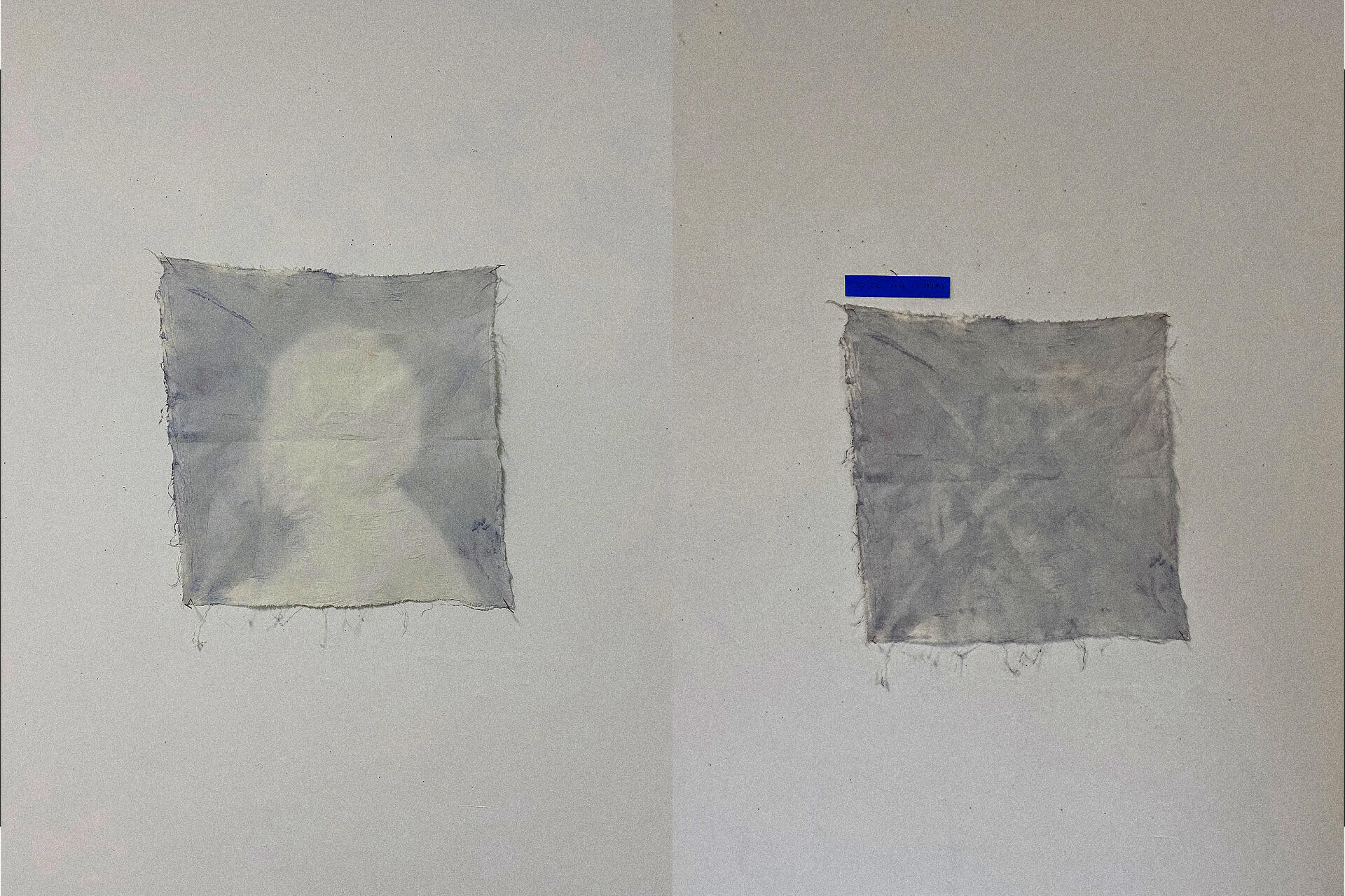 Two piece of blue tone cloth, Left one has a faded silhouette, right one appears to be solid.