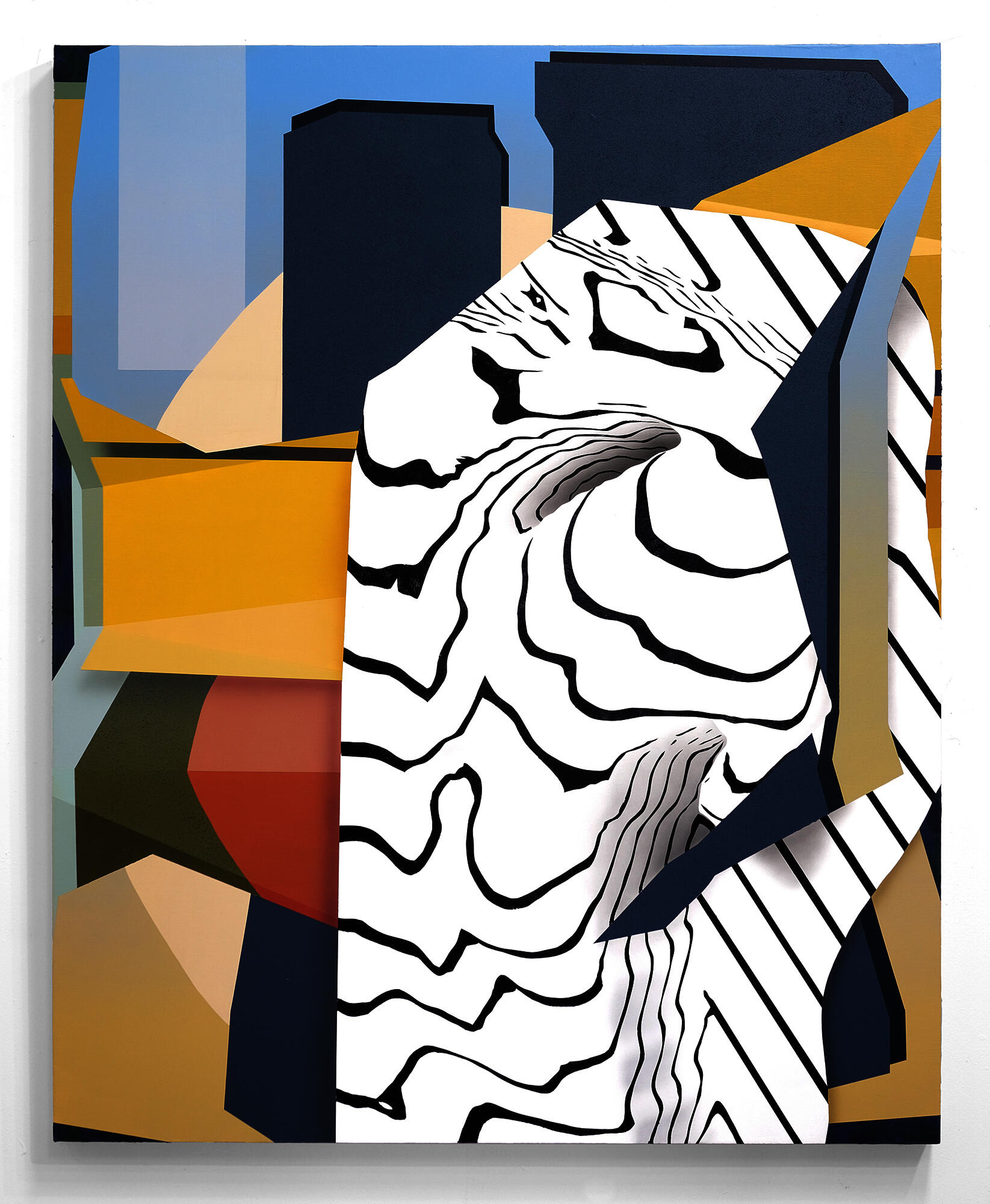 Abstract acrylic painting of interlapping folded forms. A black and white form with topological striping fills much of the canvas.