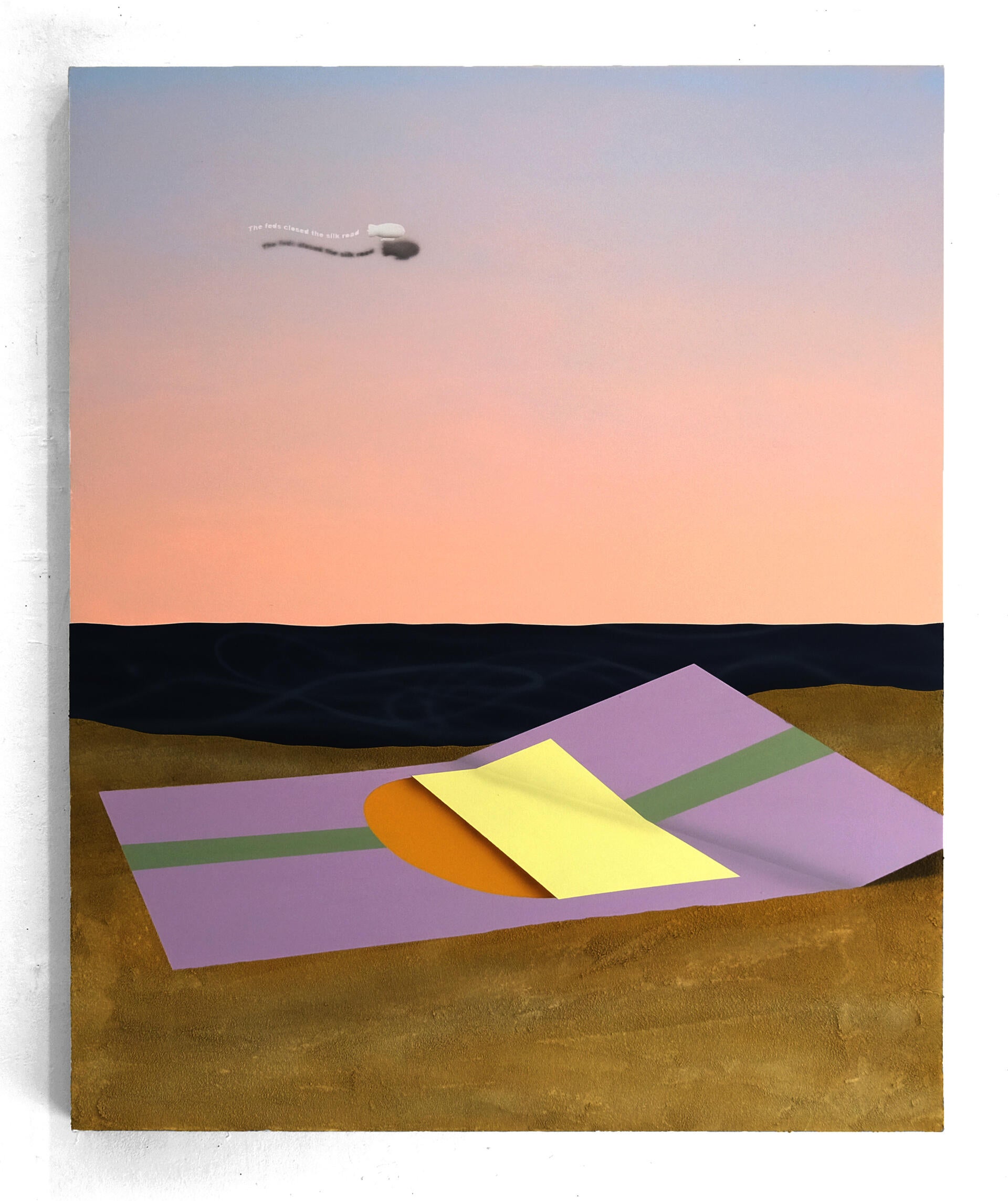 A geometrie drawing lays in a sand texture on a beach. In the sky a blimp reads "the feds closed the silk road"