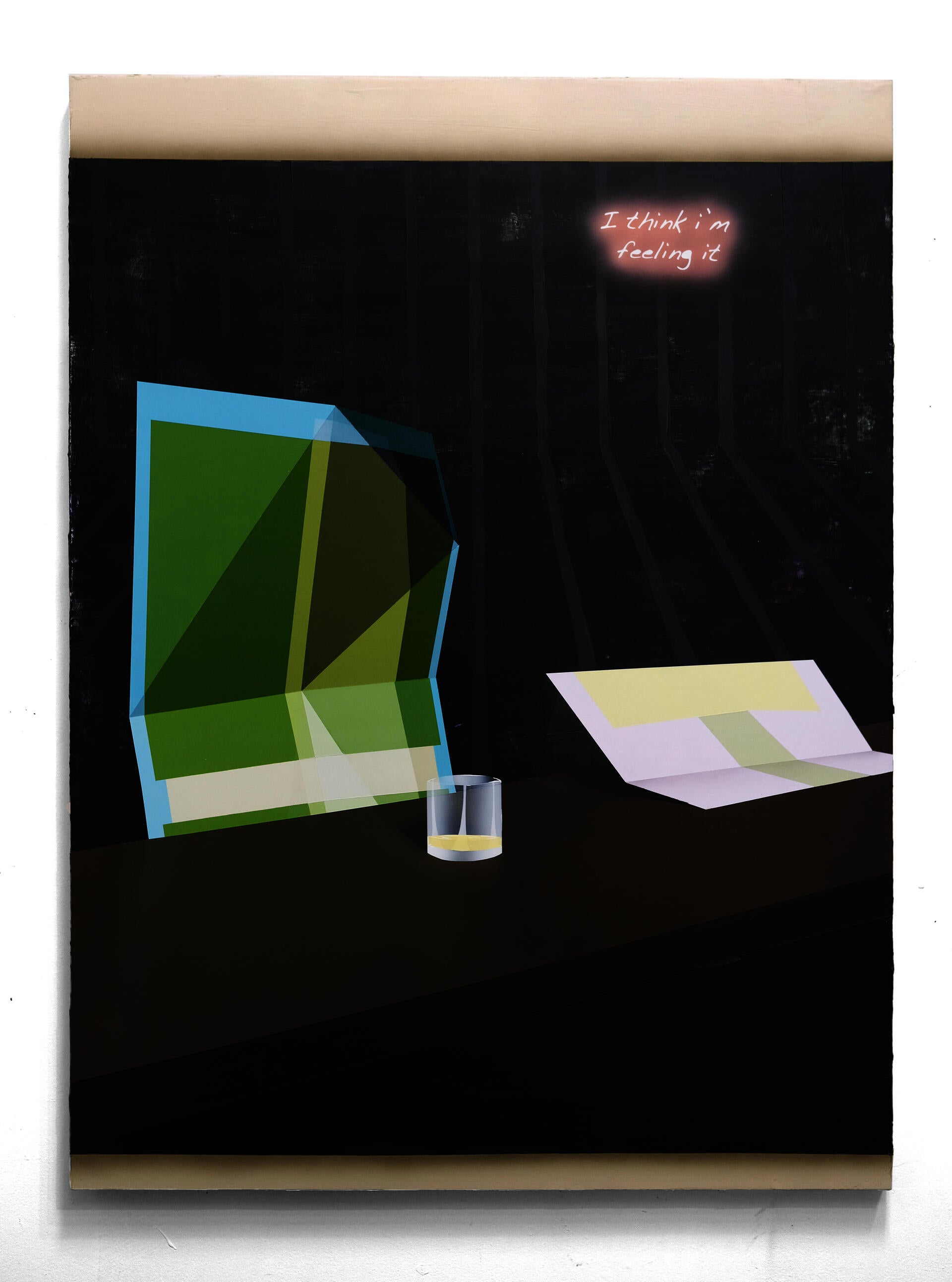 Two folded geometrie drawings sit at a dark bar, a neon sign on the all reads "i think I'm feeling it"