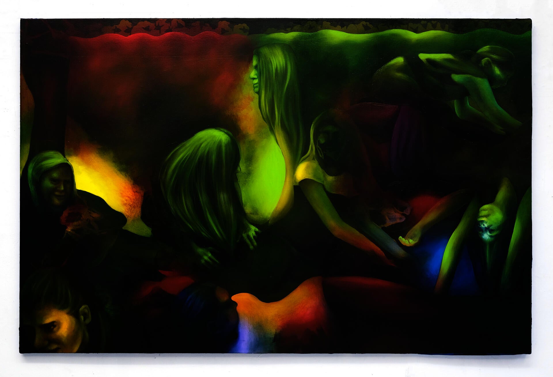 Painting of young girls playing in an abstract field of space.