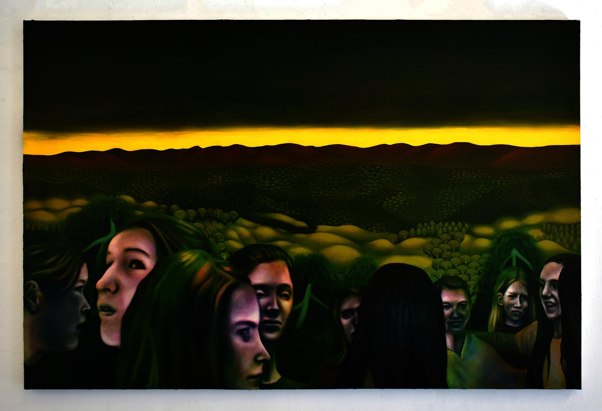Landscape painting with an Appalachian forest scene and young girls walking in the foreground.