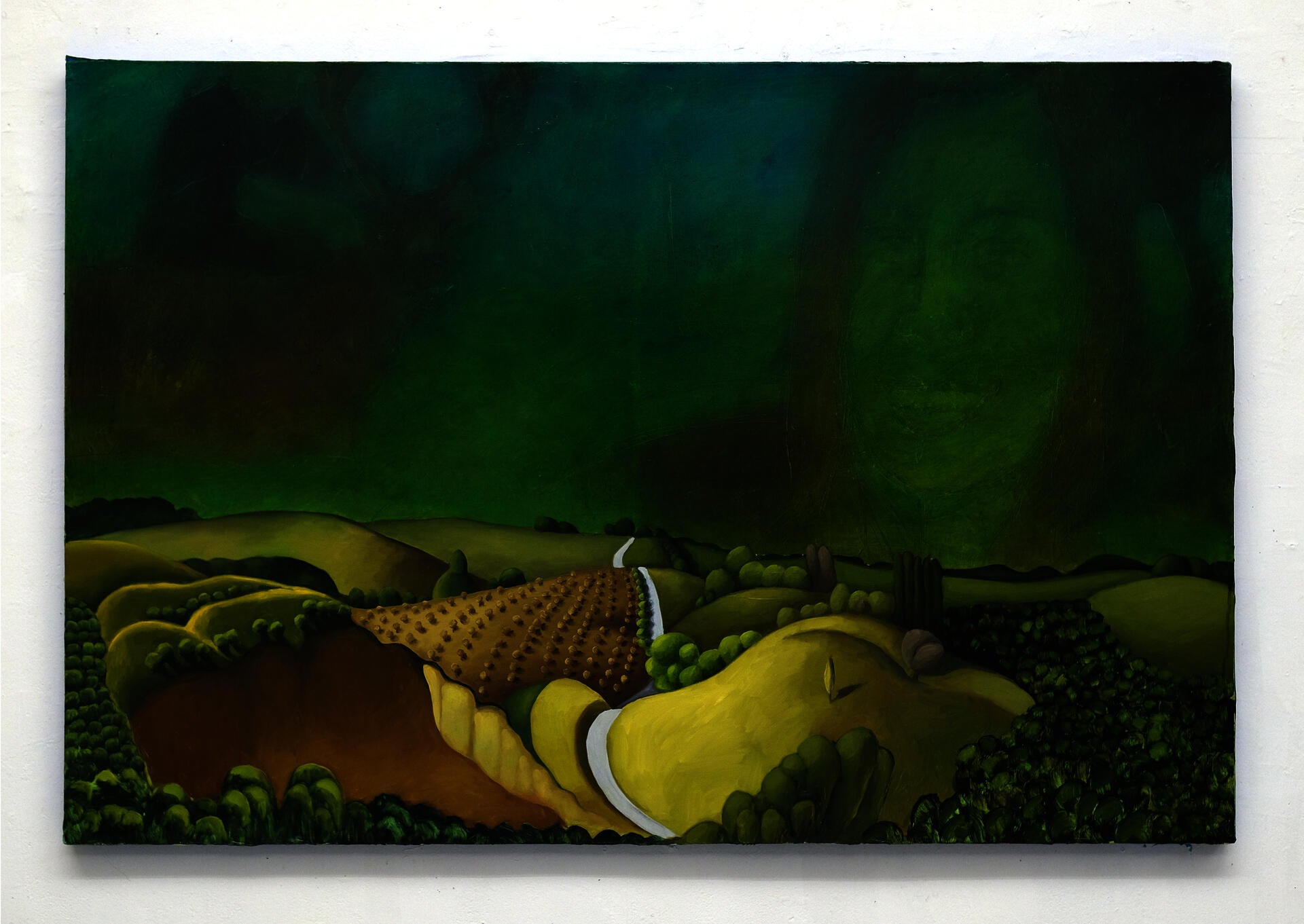 Painting of a landscape, with a giant face of a girl and a hunted deer in the sky, with a Grant Wood landscape copy.