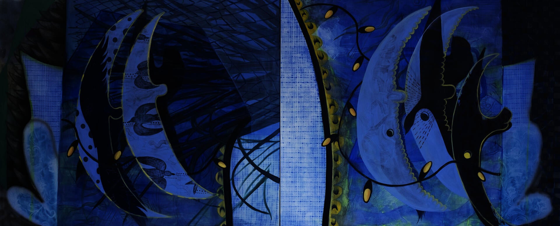 Two blue panels with five moons. Birds fly in and out of the moons.