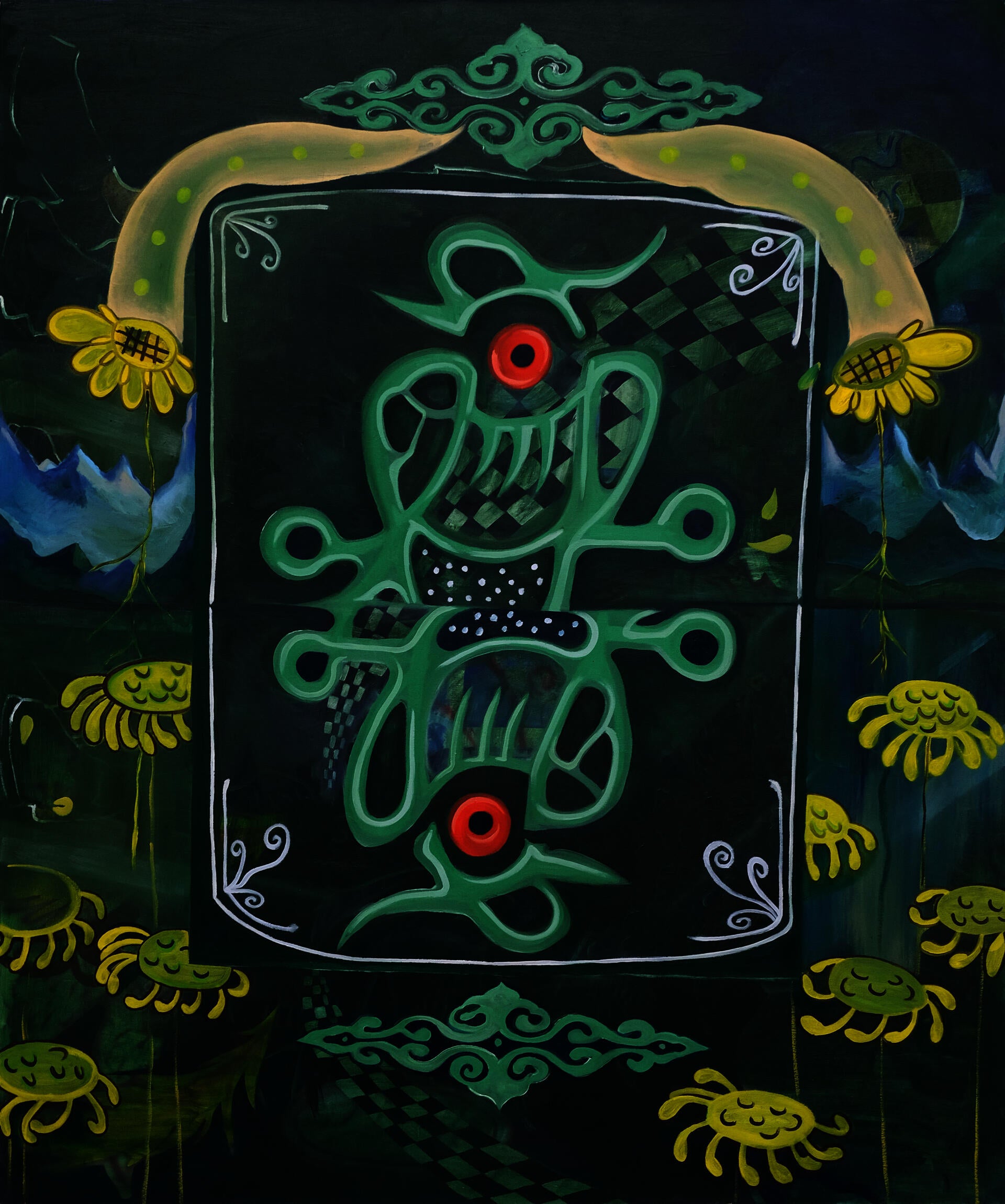 A bird Mahjong card mirrored like poker cards surrounded by cartoon-ish yellow flowers on a green background.