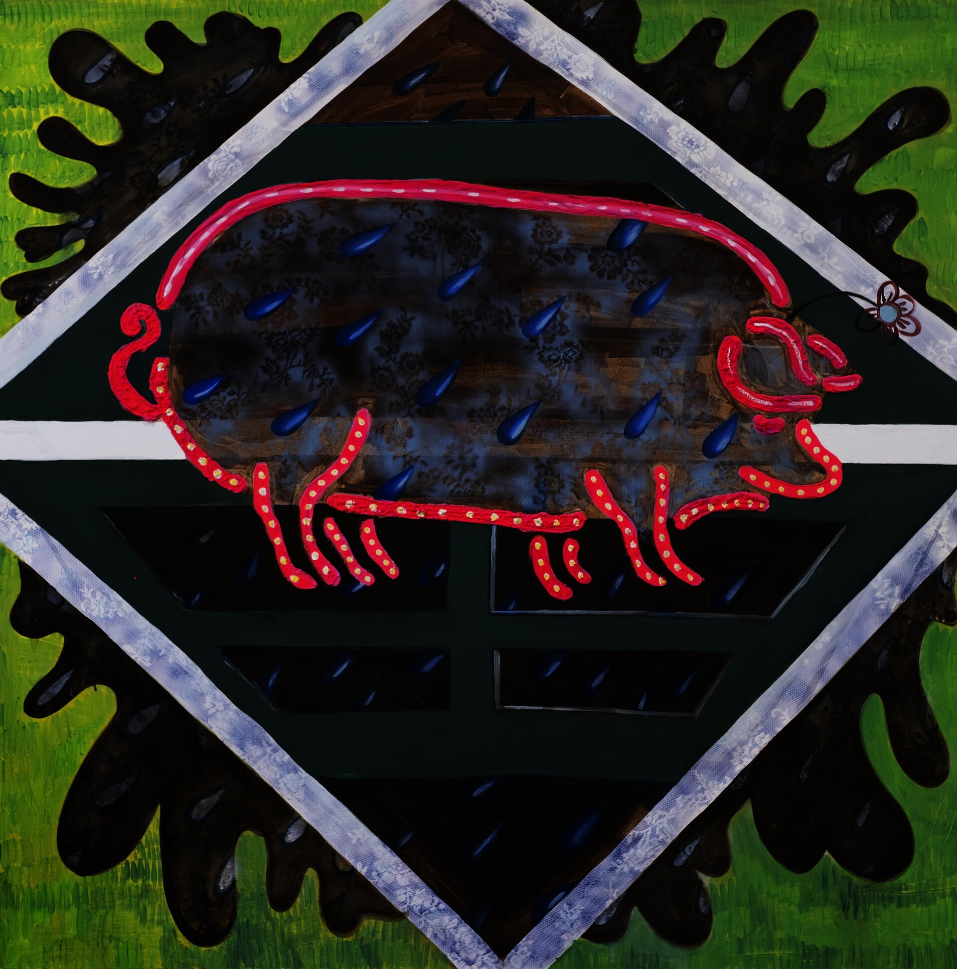 A neon pig walking aimlessly in soft warm mud on a prairie. The image is from a butcher’s sign outside of a local restaurant.