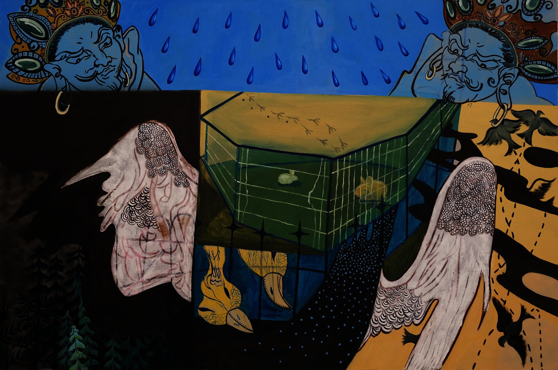 Two ancient gods looking down at the rabbits in a cage which is settled on a two-head bird.