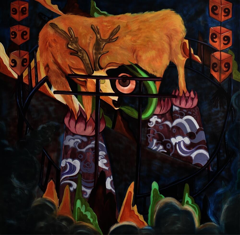 A demon deer standing on two poles with cloud patterns in a circled fence.