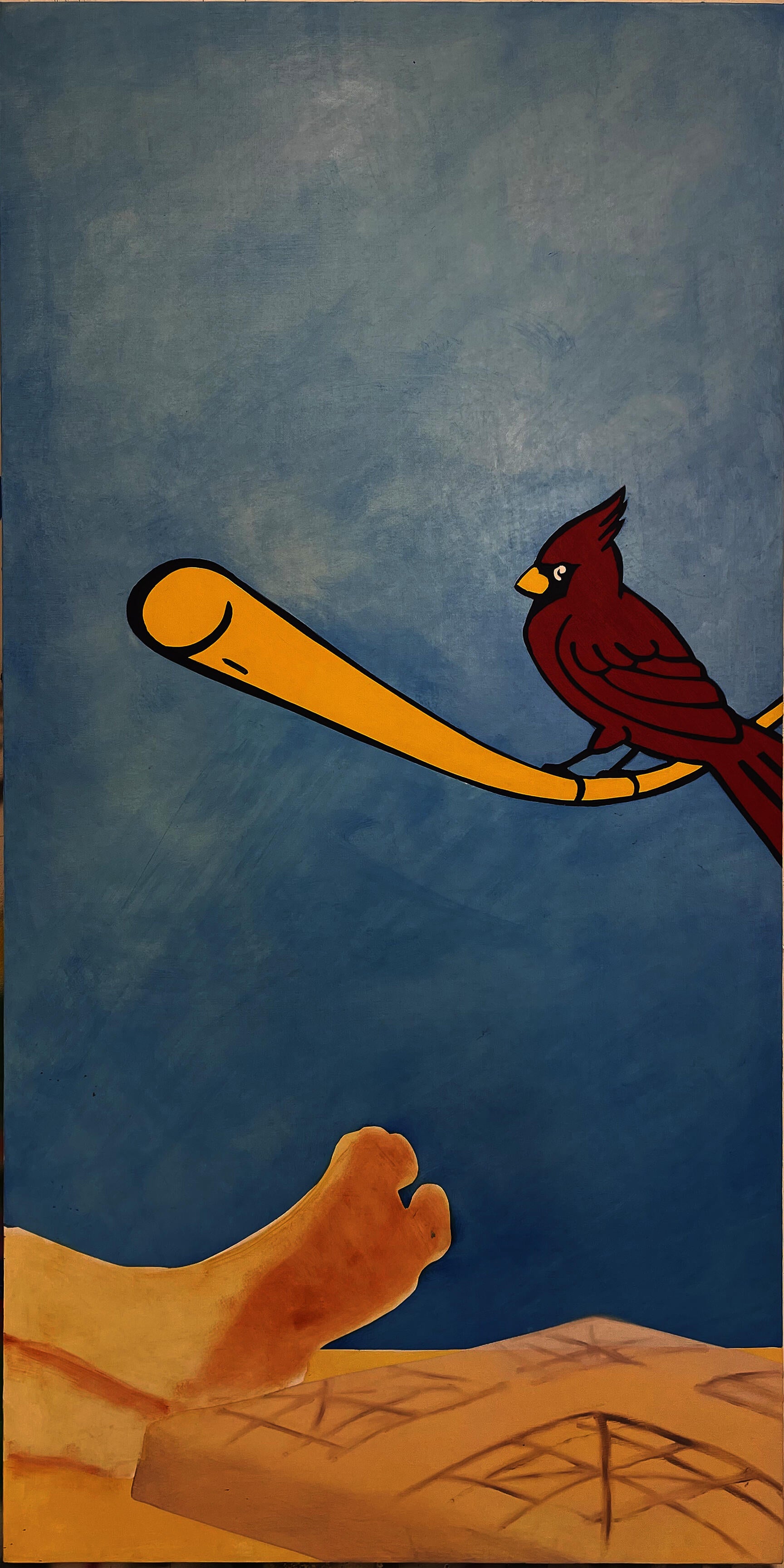 a foot and a cardinal perched on a baseball bat