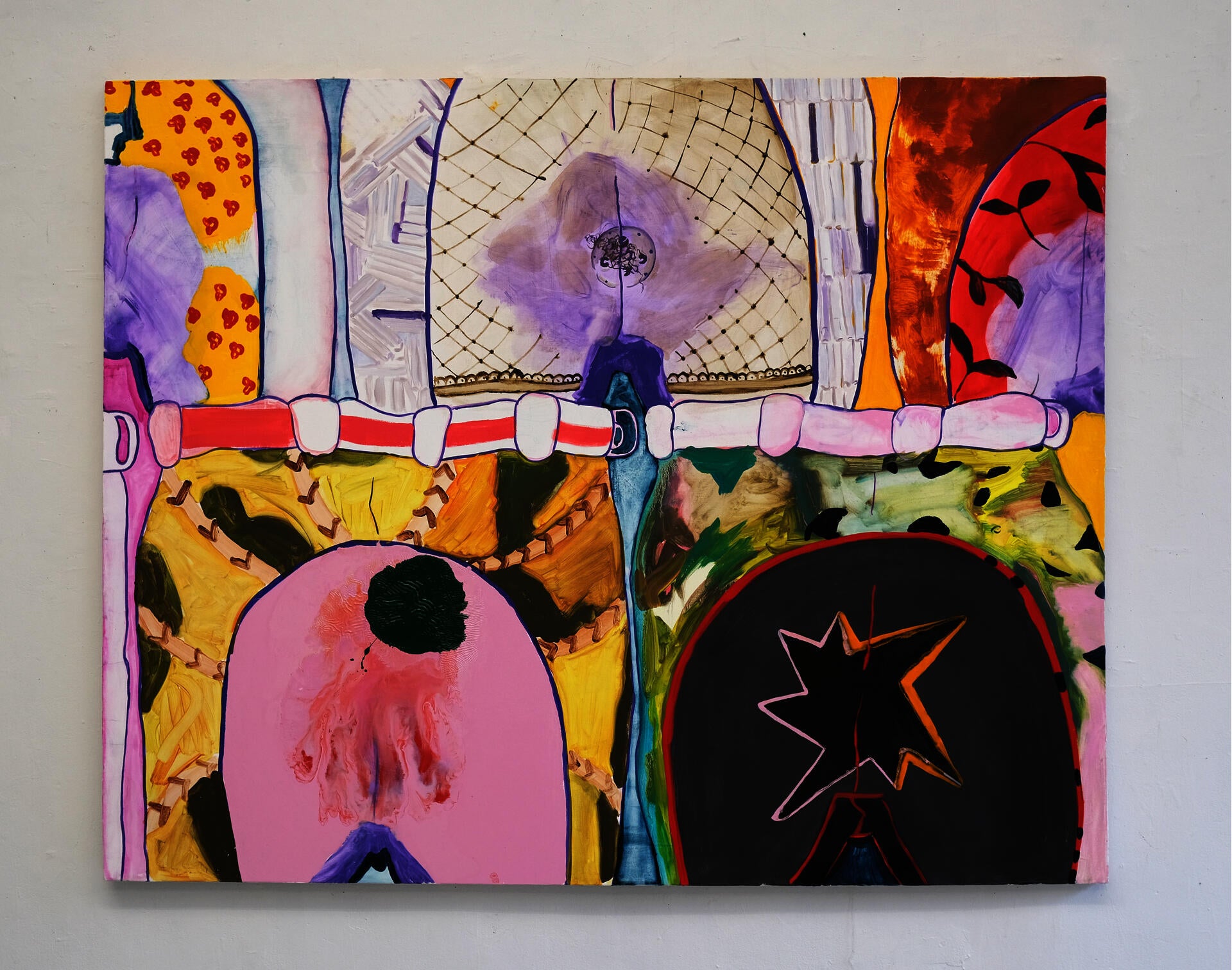 A horizontal painting of five breeches (butts) with different designs and textures.