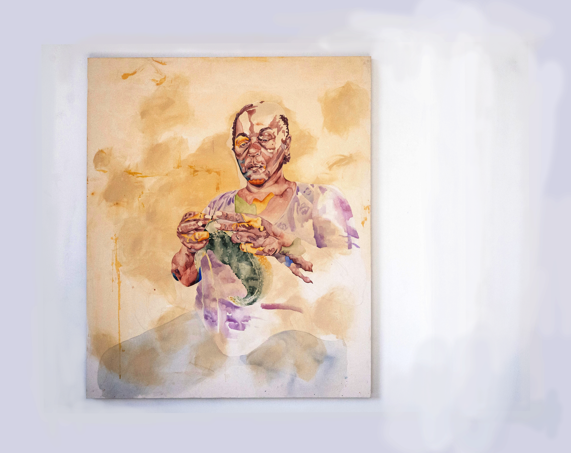 Poetic watercolor painting depicting an Aunt knitting.