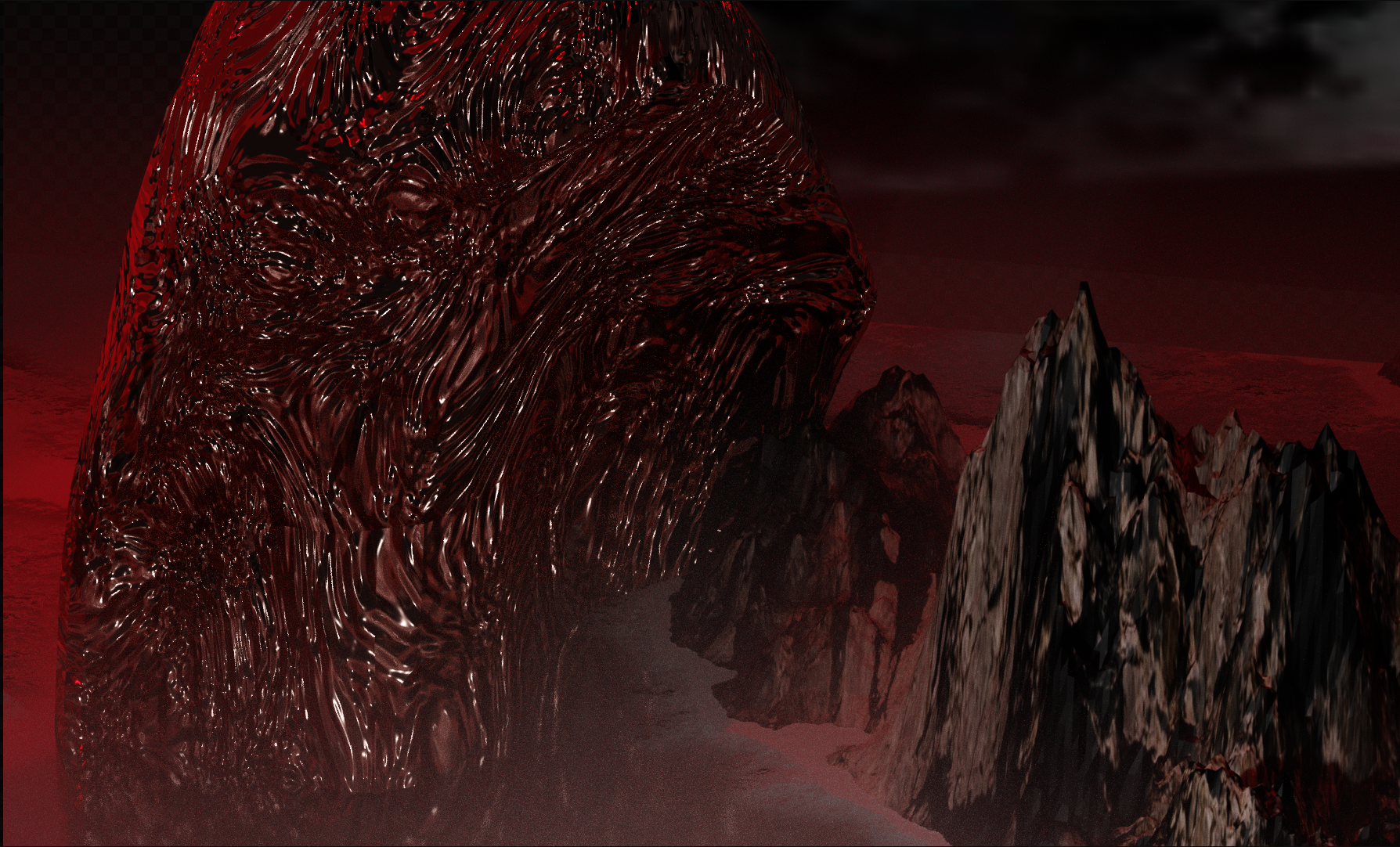 A mountain made of blood and flesh approaching a virtual landscape