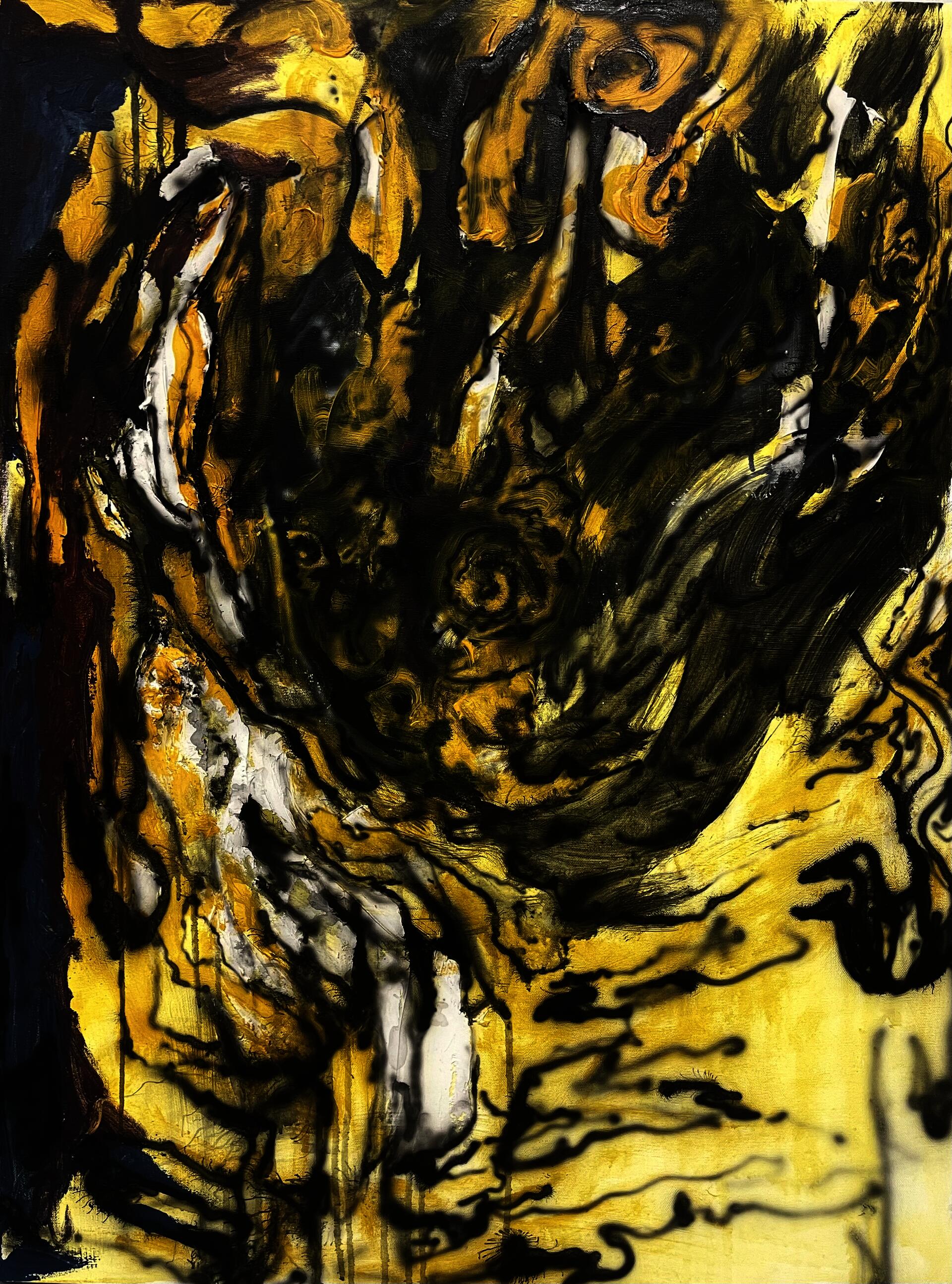 An abstract painting with yellow background and jet black expressive airbrush marks.