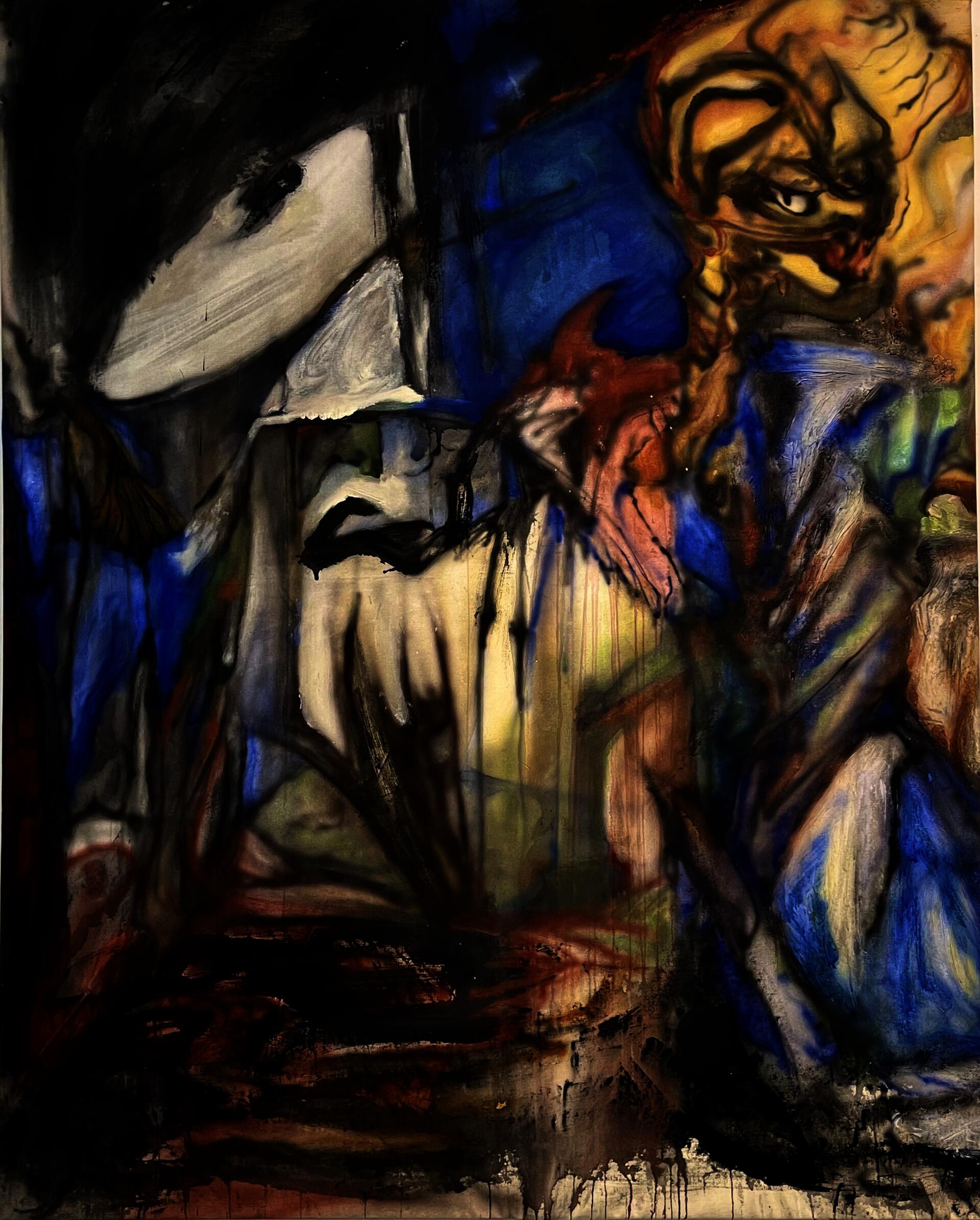An expressionist painting depicting a yellow tiger crouching on the top right corner and a pink crane in the middle.