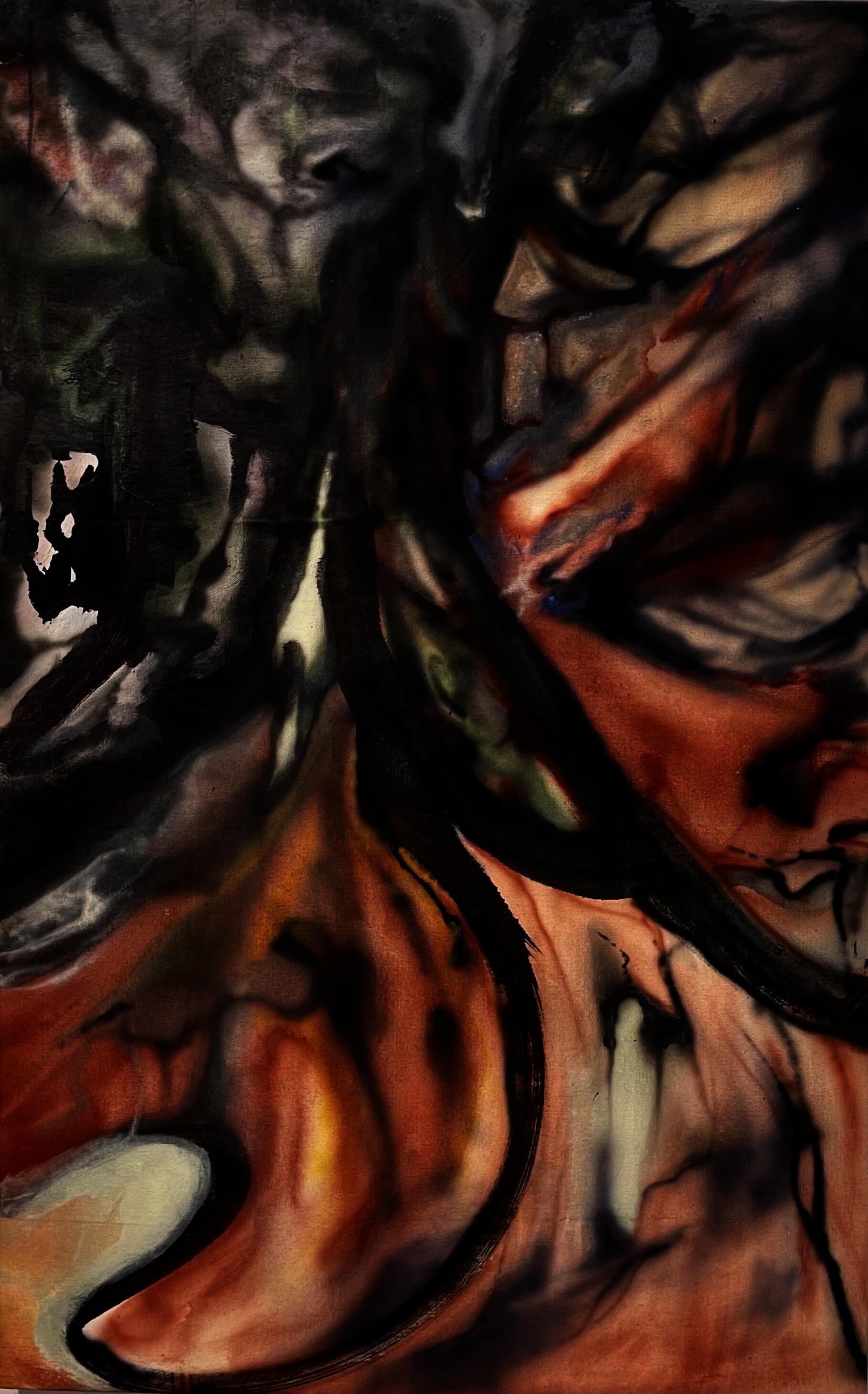 An abstract painting with orange background and bold black marks resembling a crooked tree and a crossroad