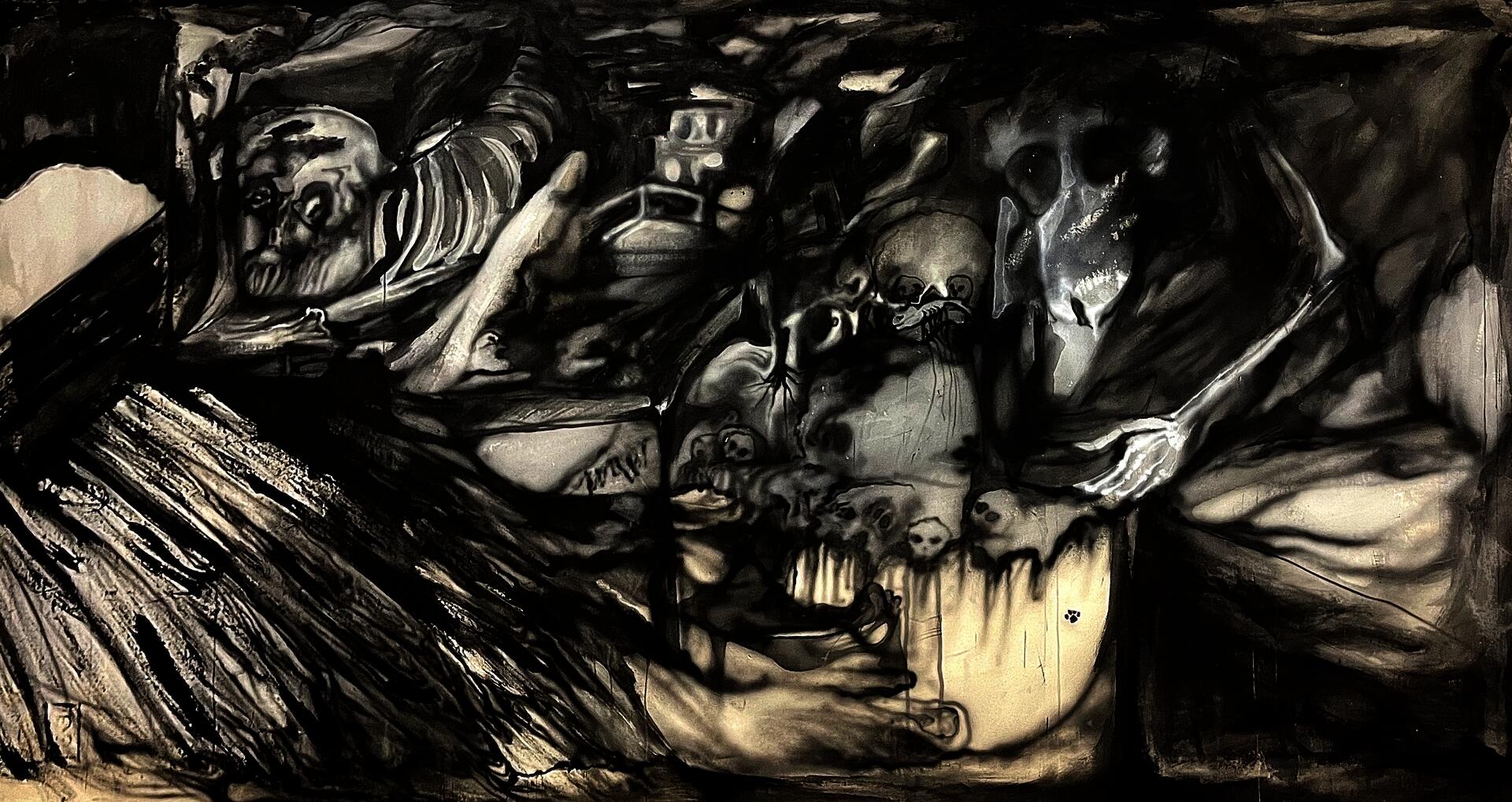 A monochromatic painting depicting skeletons within twisted perspectives and spaces