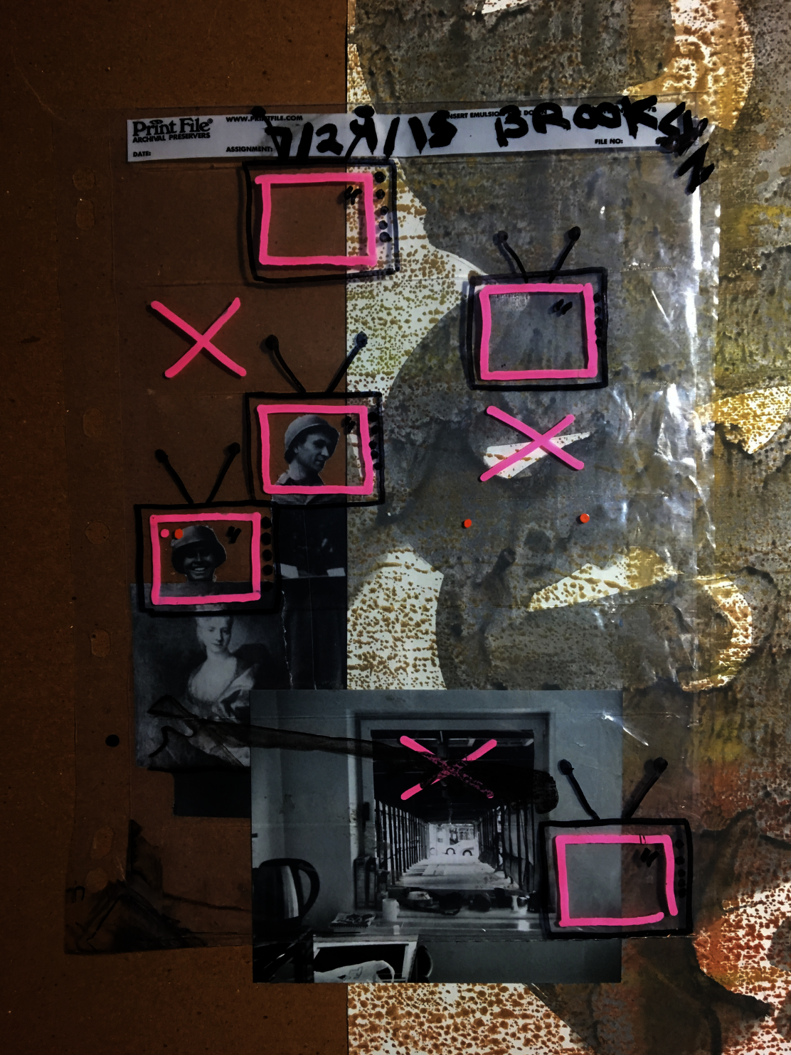 Collage made up of personal photographs, soldiers from WWII and drawings of some televisions.