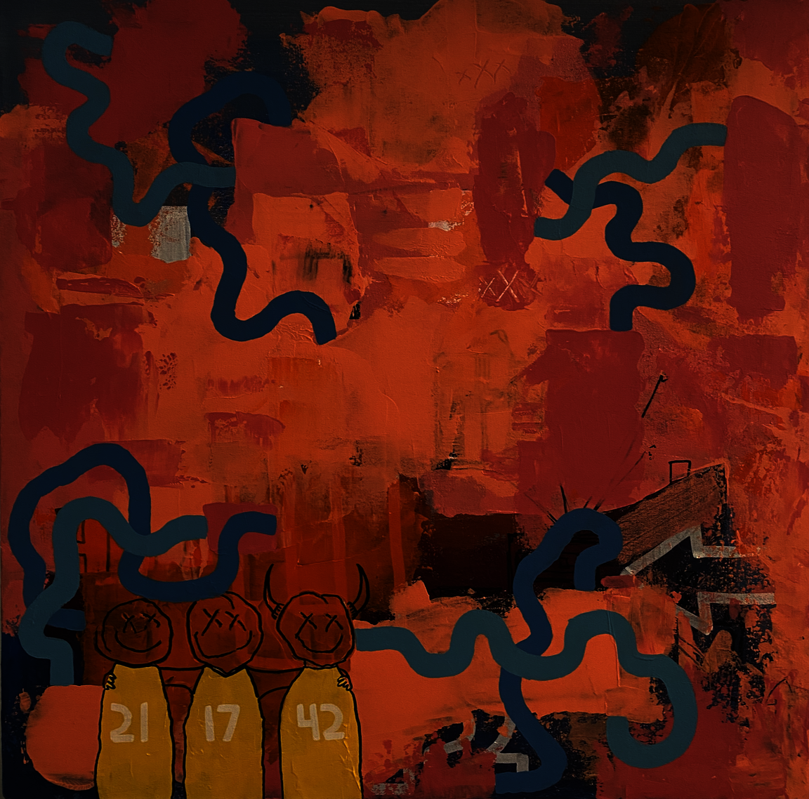 Three figures wearing yellow basketball jerseys in the bottom left corner, the rest of the paint is mostly orange a paint with a few blue lines here and there.
