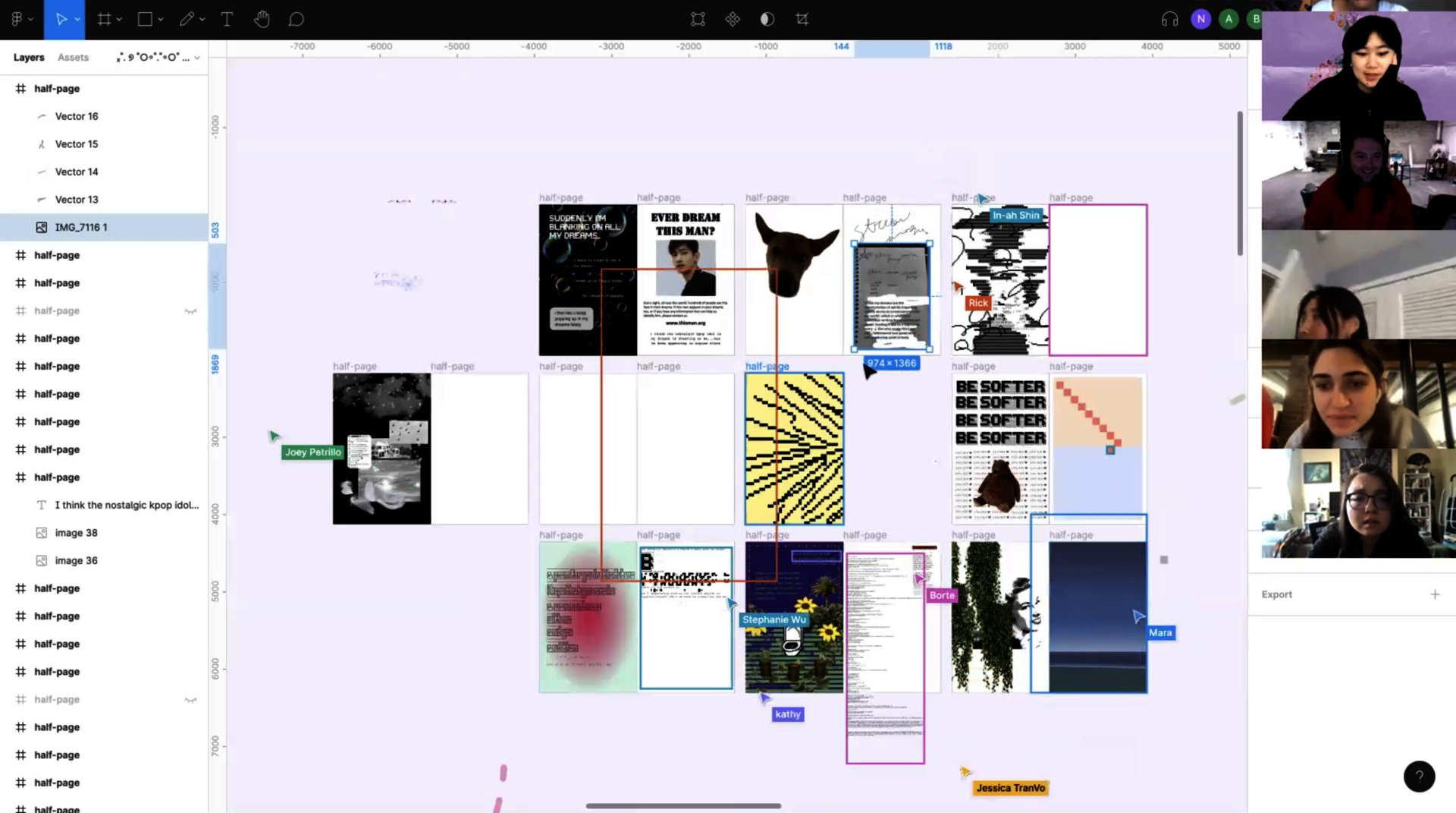 On the right are people's faces who are on a Zoom call. The screenshot shows several rectangles that are getting filled up by images and text. Multiple cursors labelled with peoples' names move around.