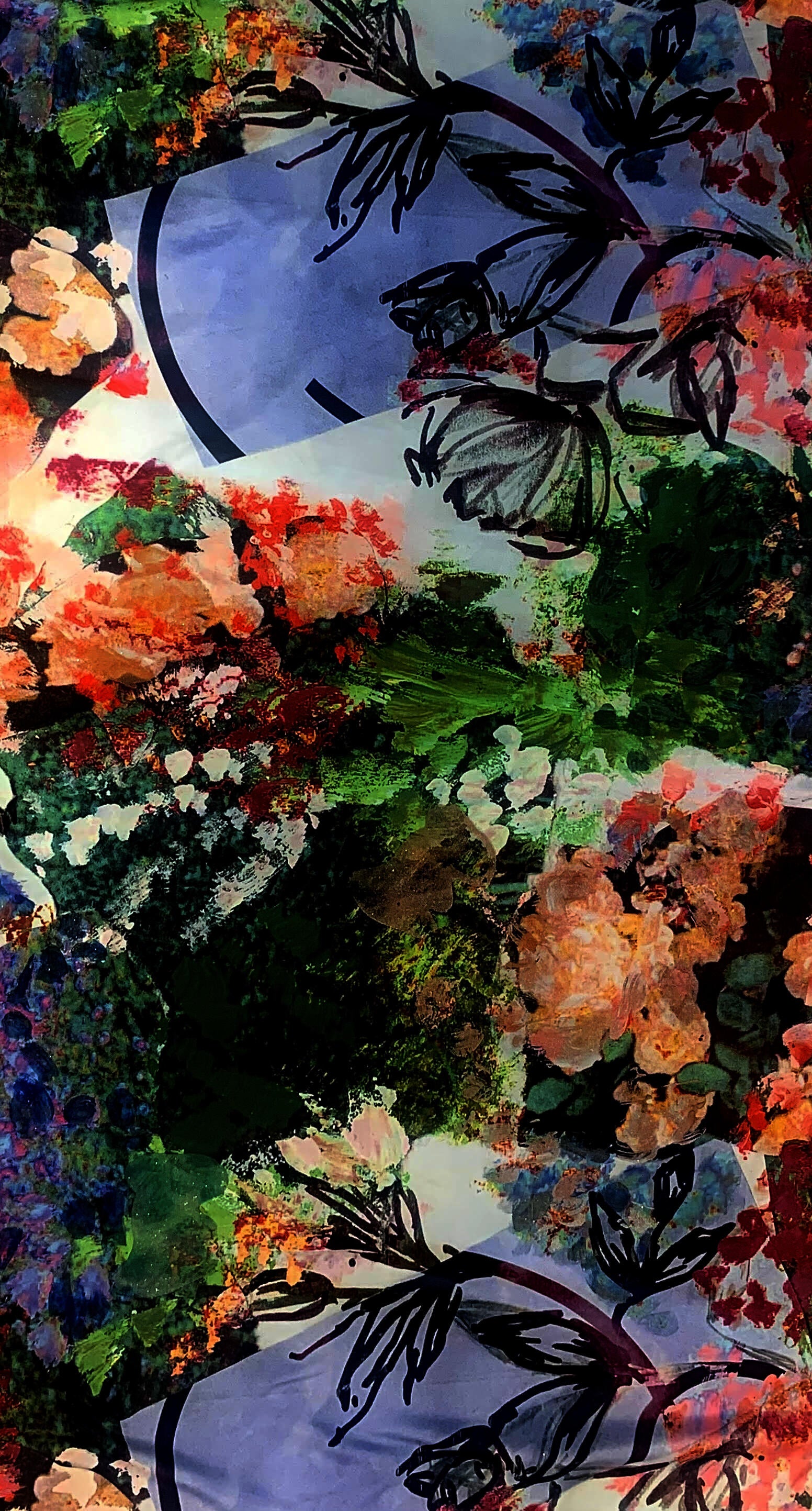 This large scale fabric length is covered in textural brushstrokes composed of foliage and printed on linen.