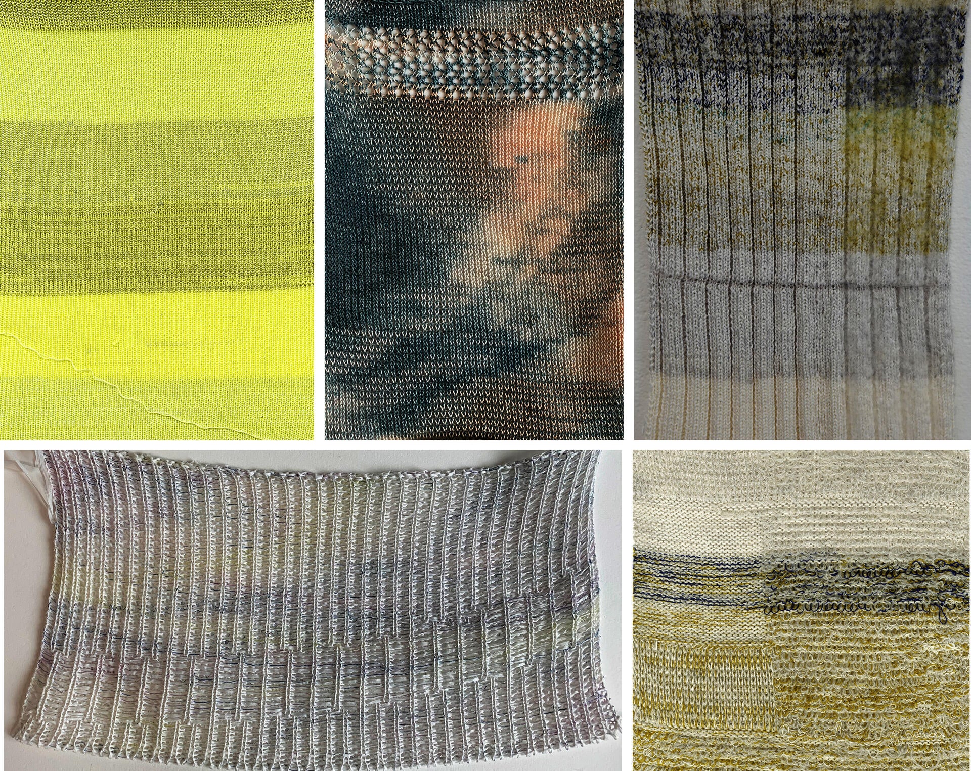 Six knitted samples varying in texture and color.