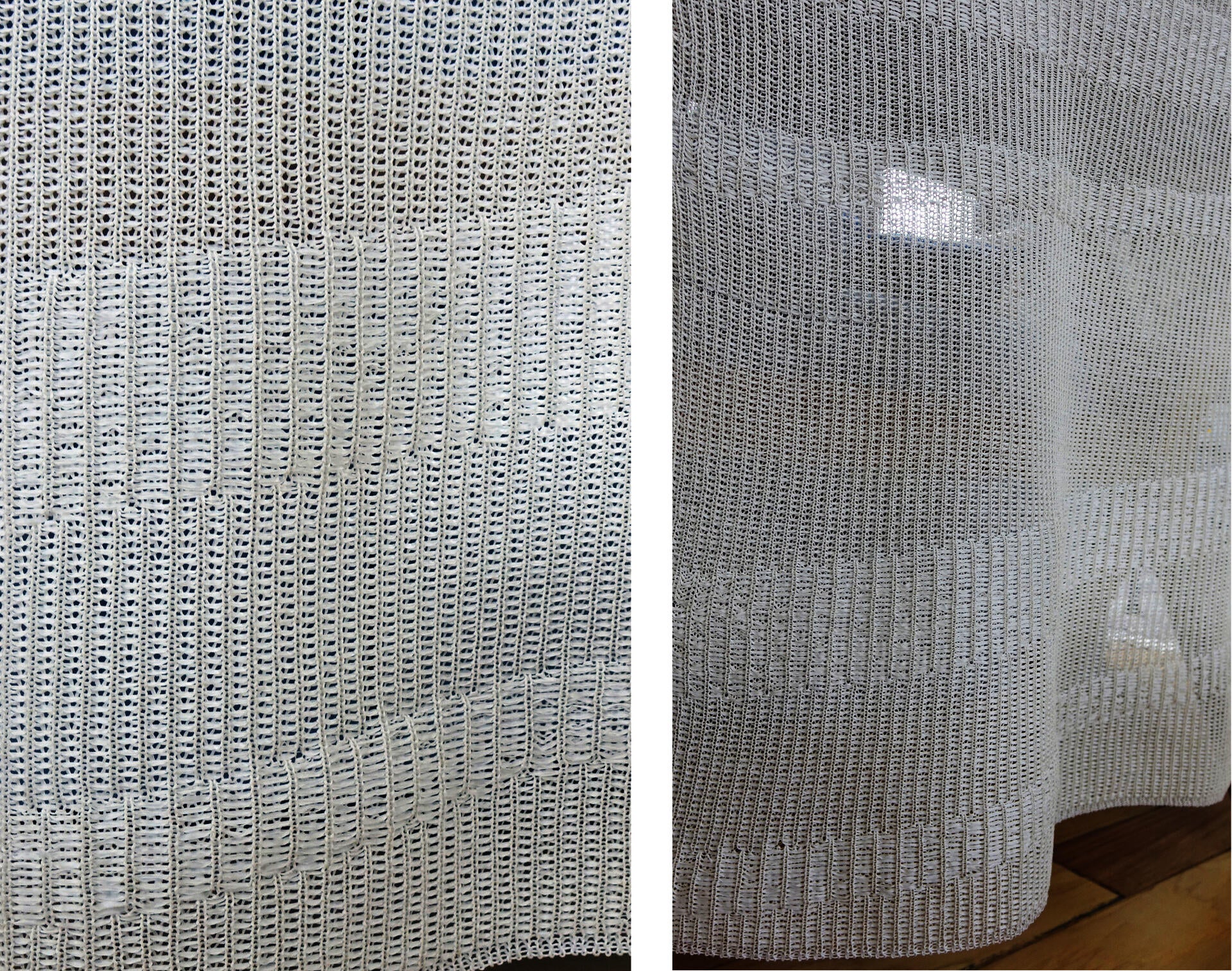 Slightly transparent, white knitted fabric.
