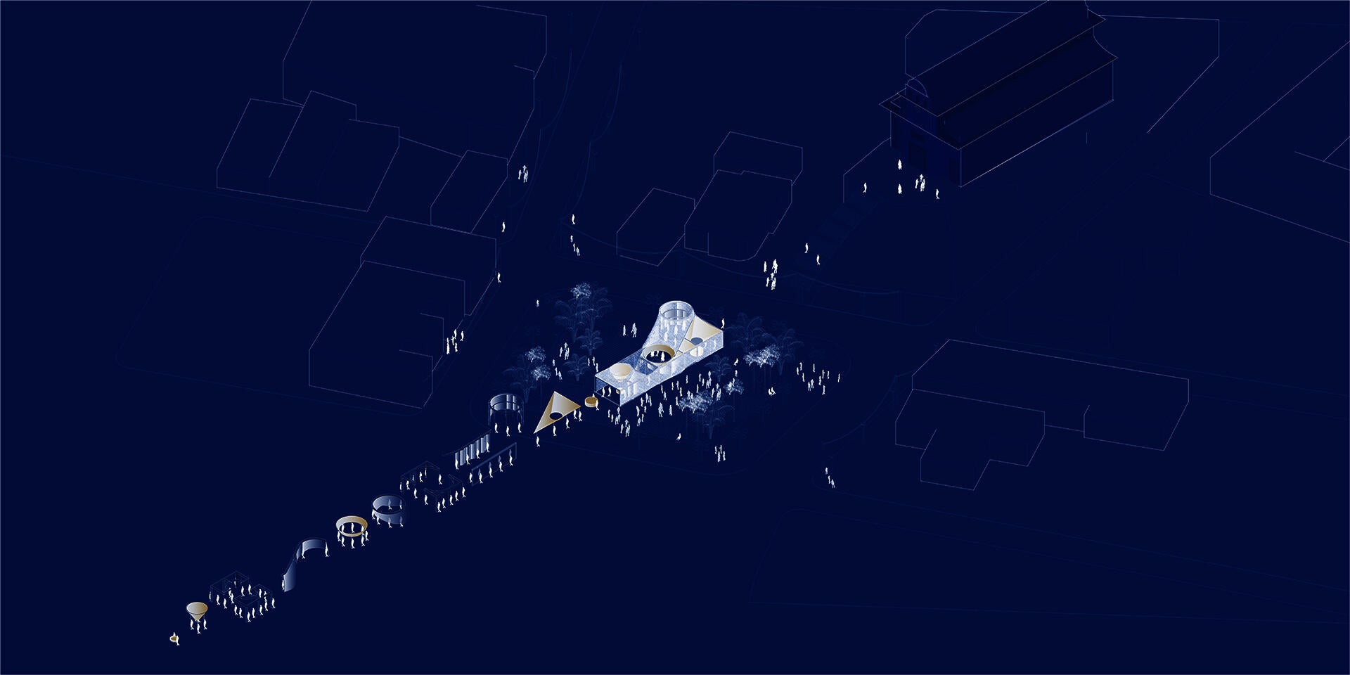 Twenty by sixty foot long space wrapped in blue felt and lace in the middle of public plaza.