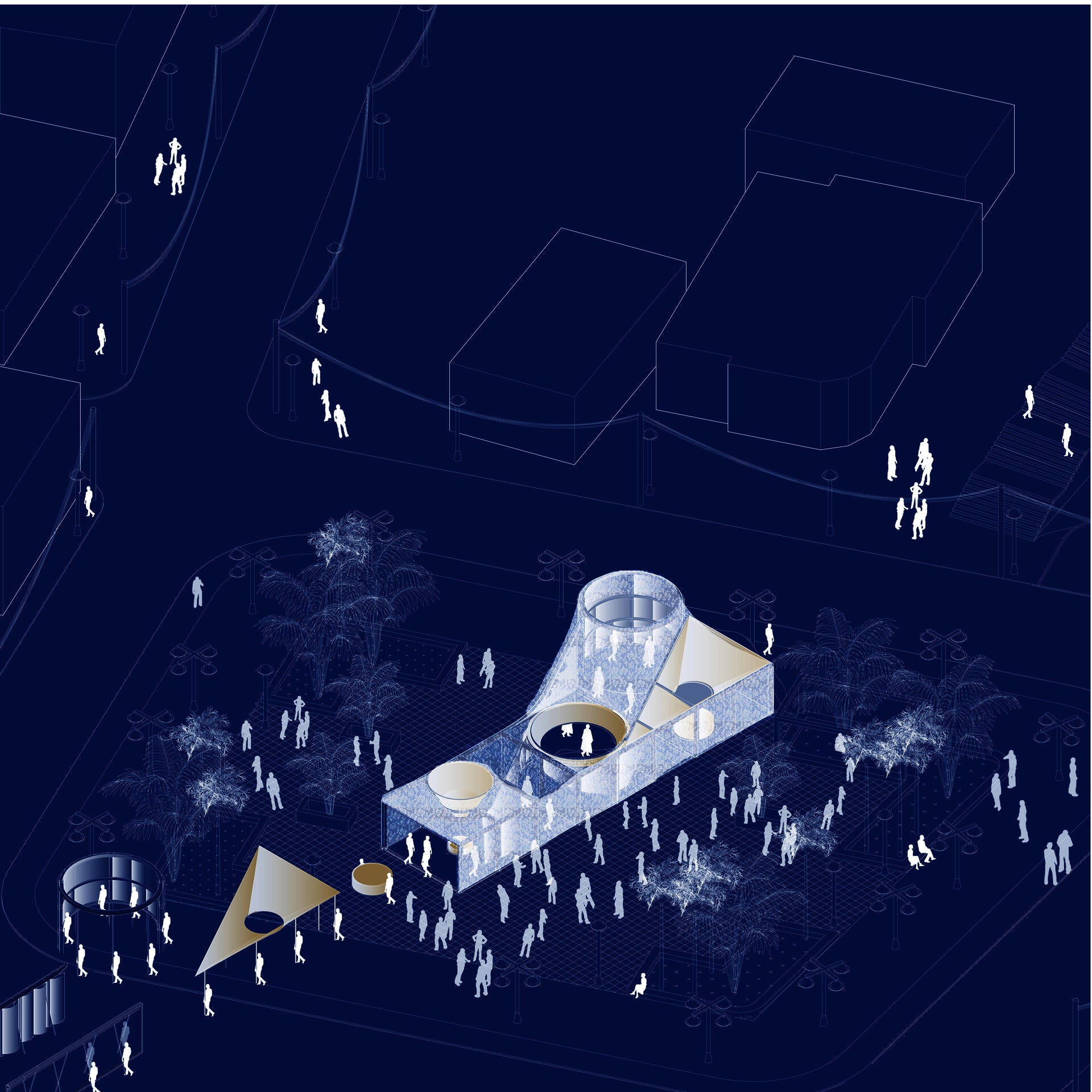 Twenty by sixty foot long space wrapped in blue felt and lace in the middle of public plaza.