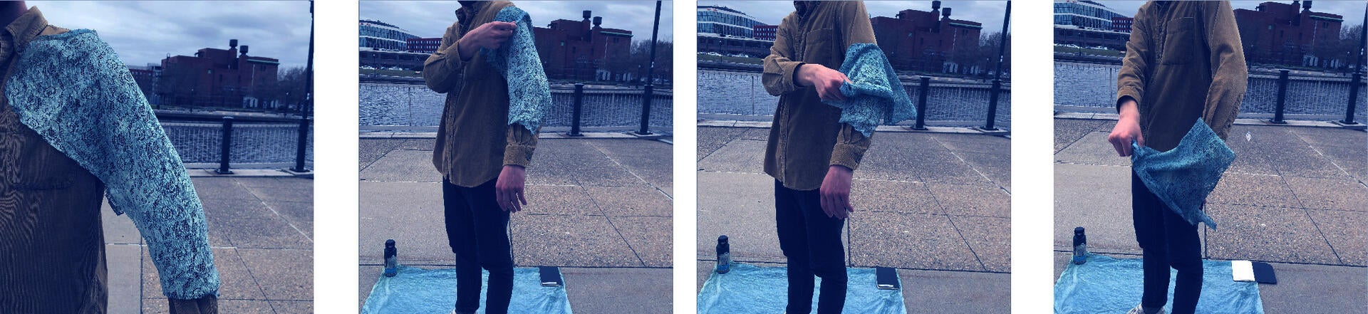 Person step by step removing dyed lace from arm.
