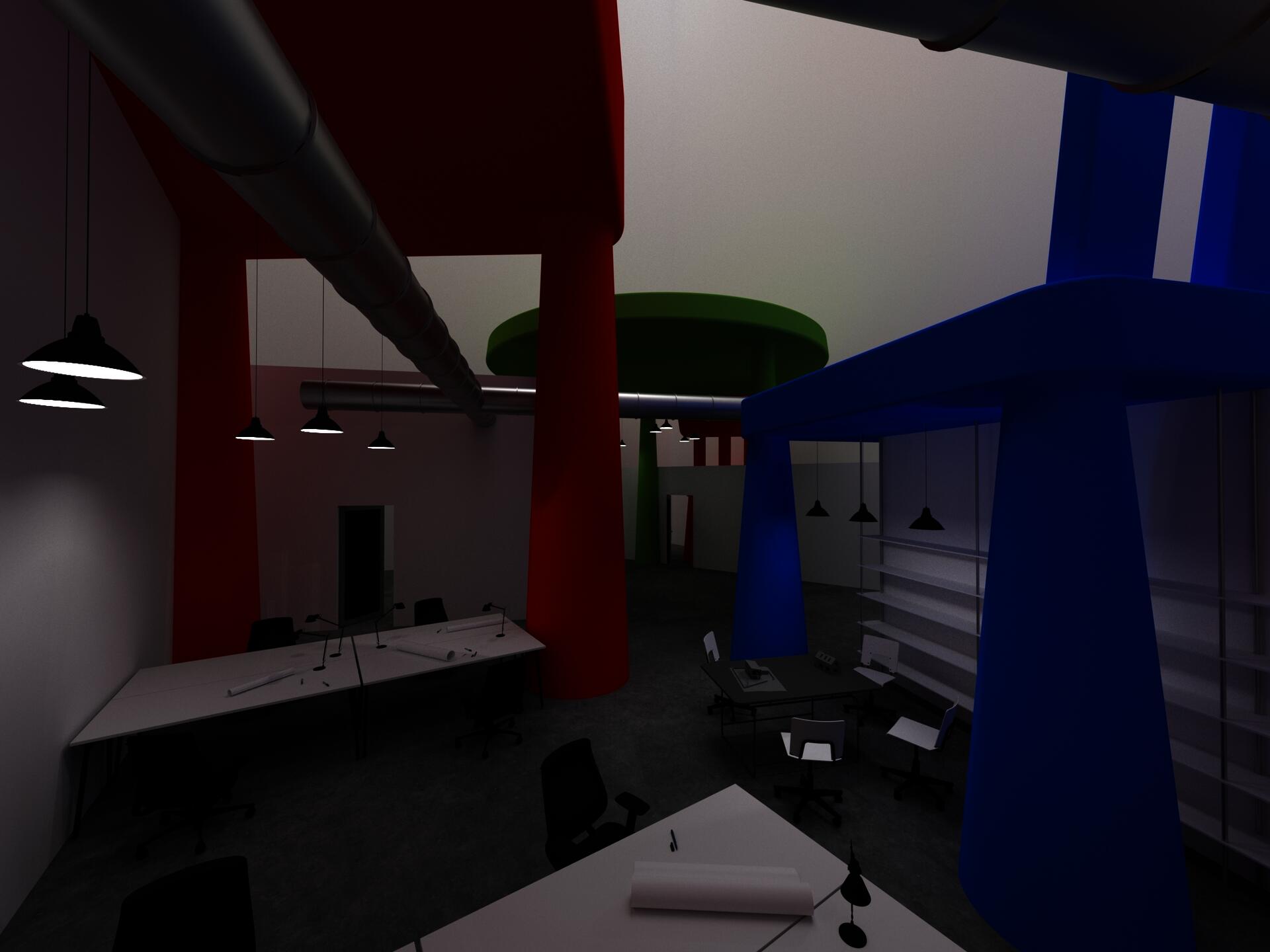 A rendering of an office space with oversized, out of place children's furniture.