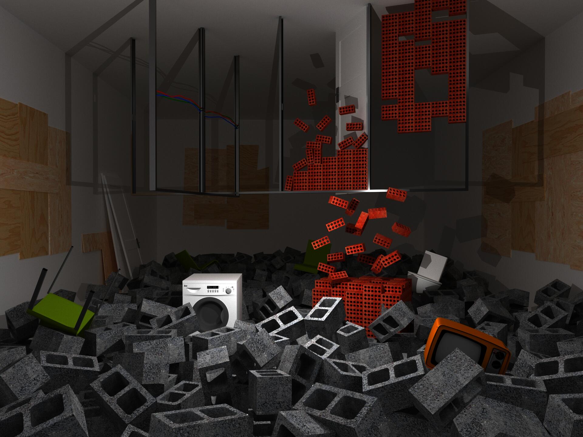 A rendering of various construction materials accumulating in a dimly lit room.