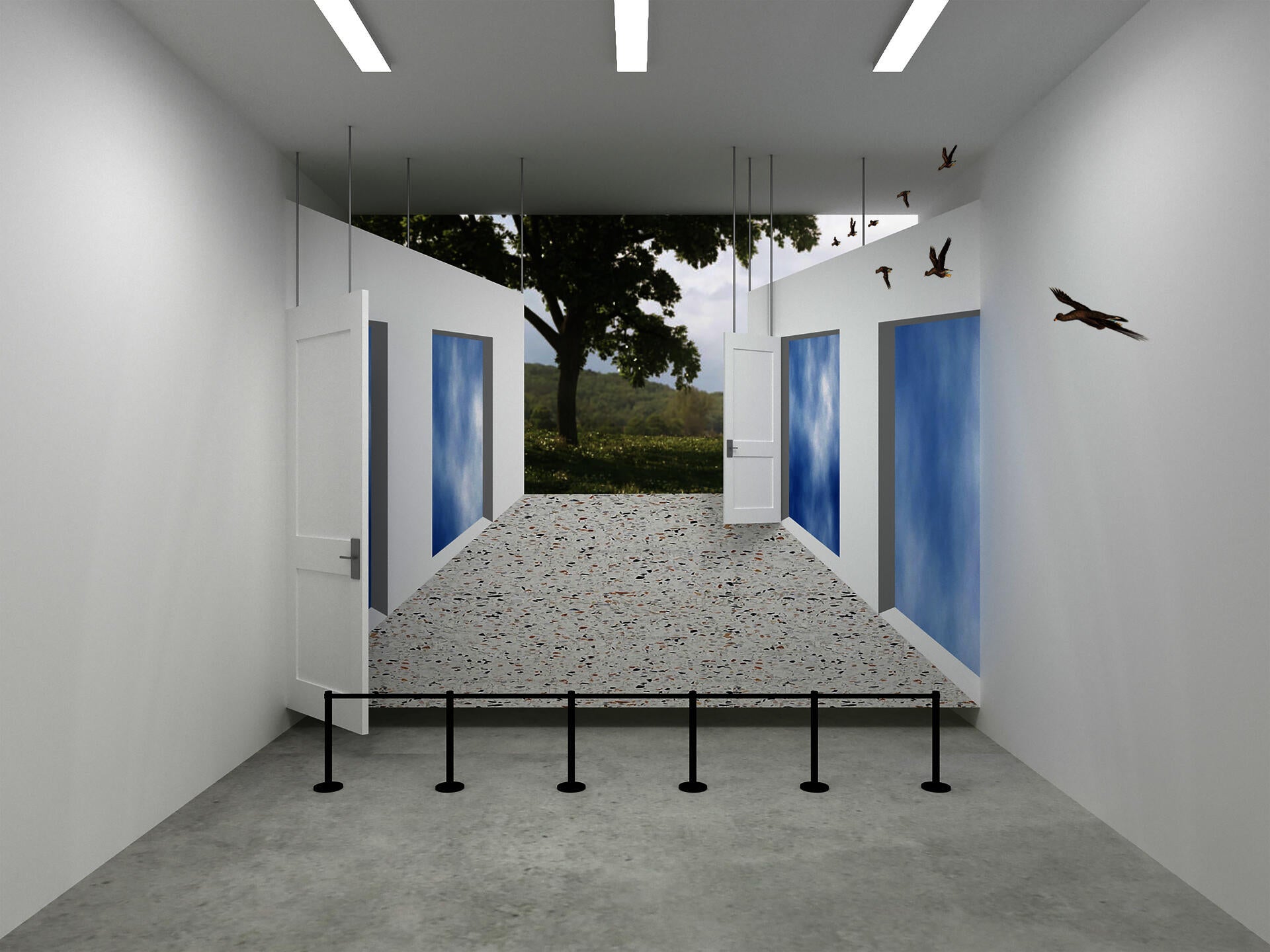 A scene of a gallery space with an artificial perspective to the exterior as an installation.